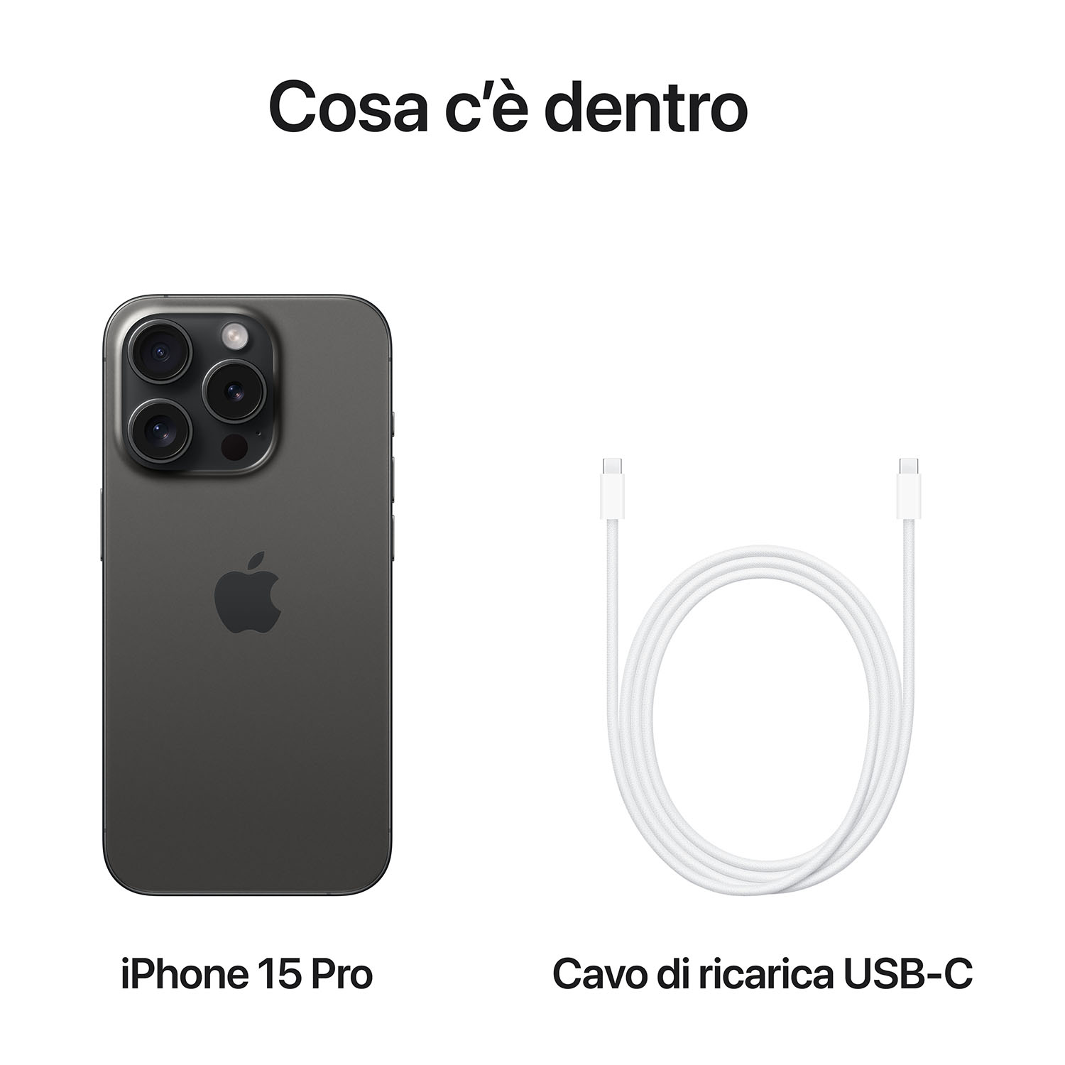 Un iPhone 15 Pro grigio e un cavo di ricarica USB-C bianco sono mostrati uno accanto all'altro.