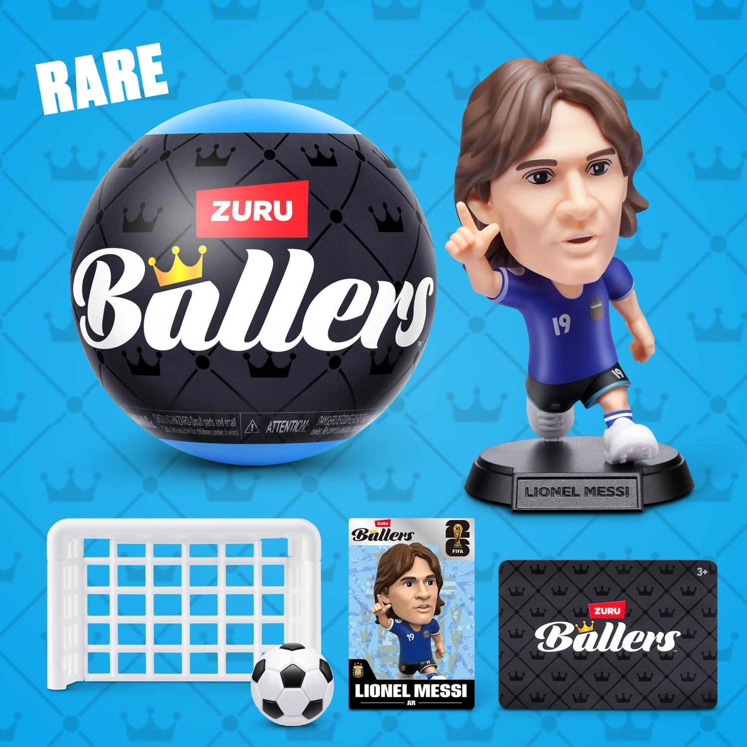 Merchandising calcistico: statuetta Lionel Messi, pallone, porta e card.