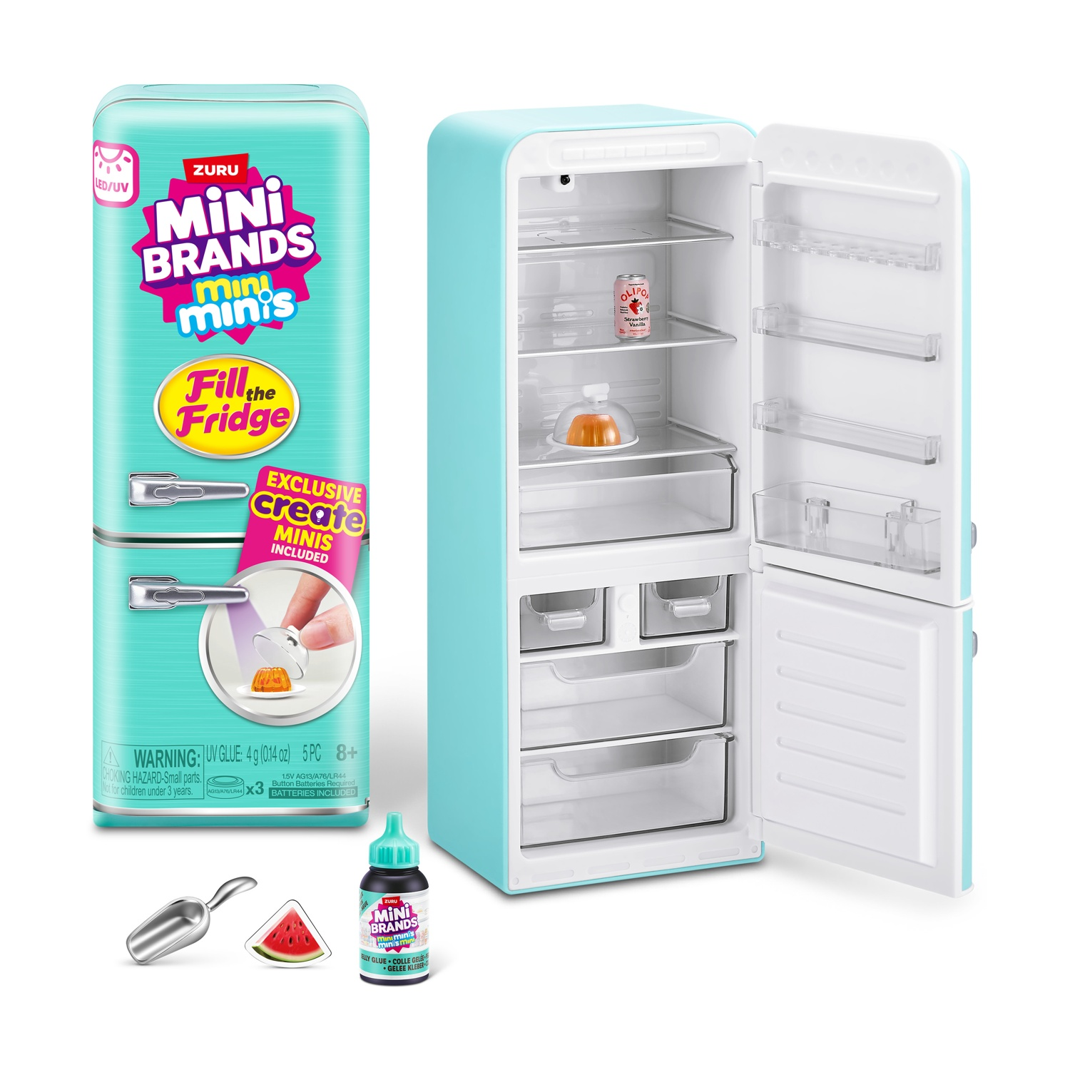 Un mini frigo blu con porta aperta, riempito con cibi in miniatura.