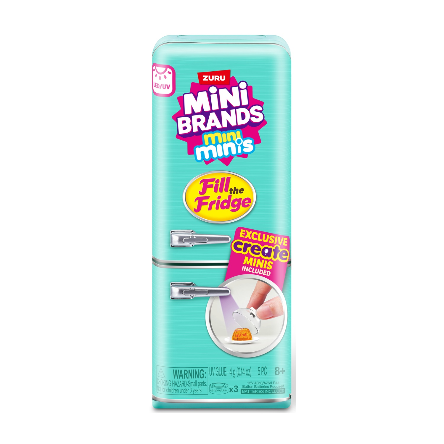 Scatola giocattolo frigorifero turchese con logo Mini Brands e LED UV.