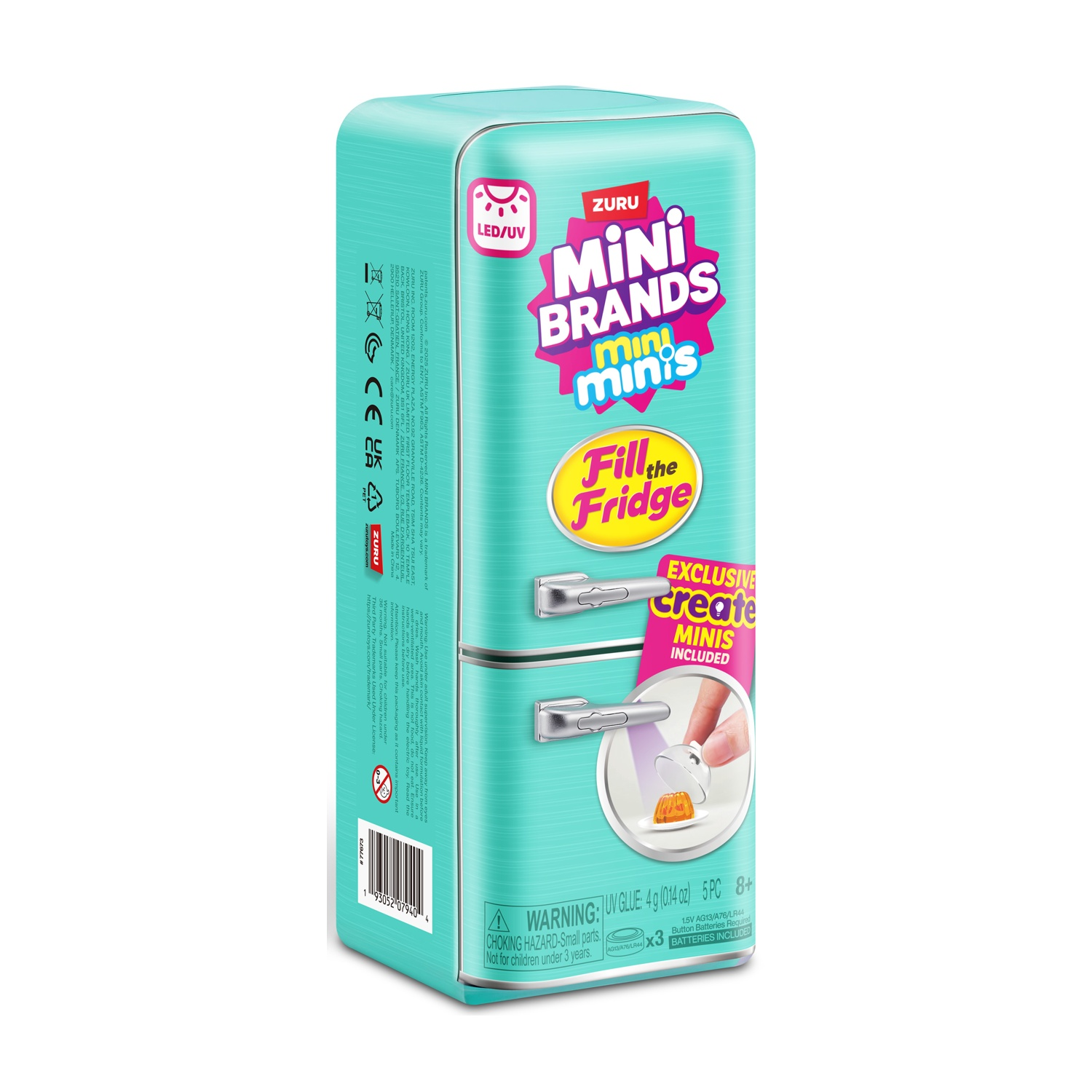 Una scatola giocattolo mini-frigo color verde acqua con logo ZURU Mini Brands.