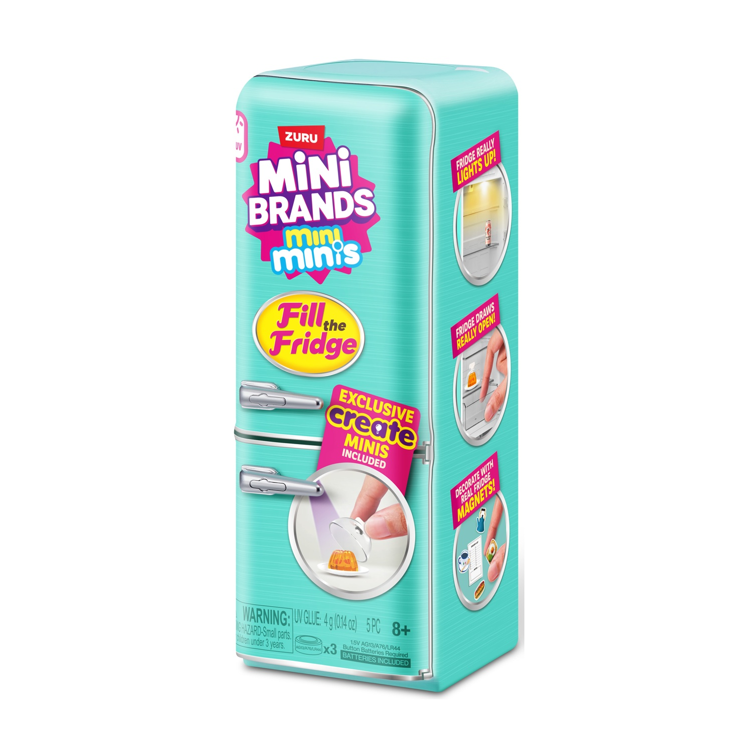 Frigorifero giocattolo turchese con logo 'Mini Brands' e accessori.