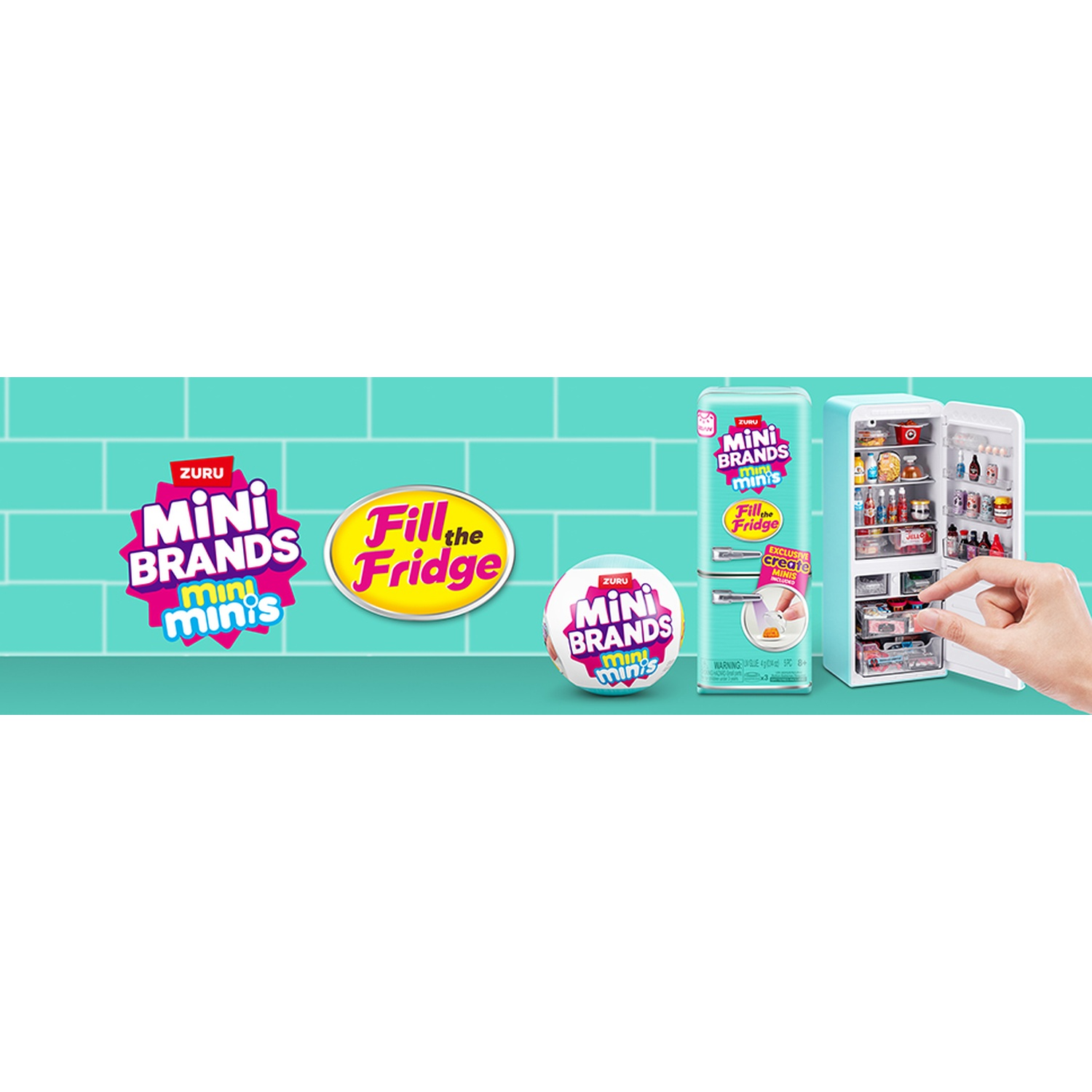 Frigorifero in miniatura pieno di cibo, logo ZURU Mini Brands.