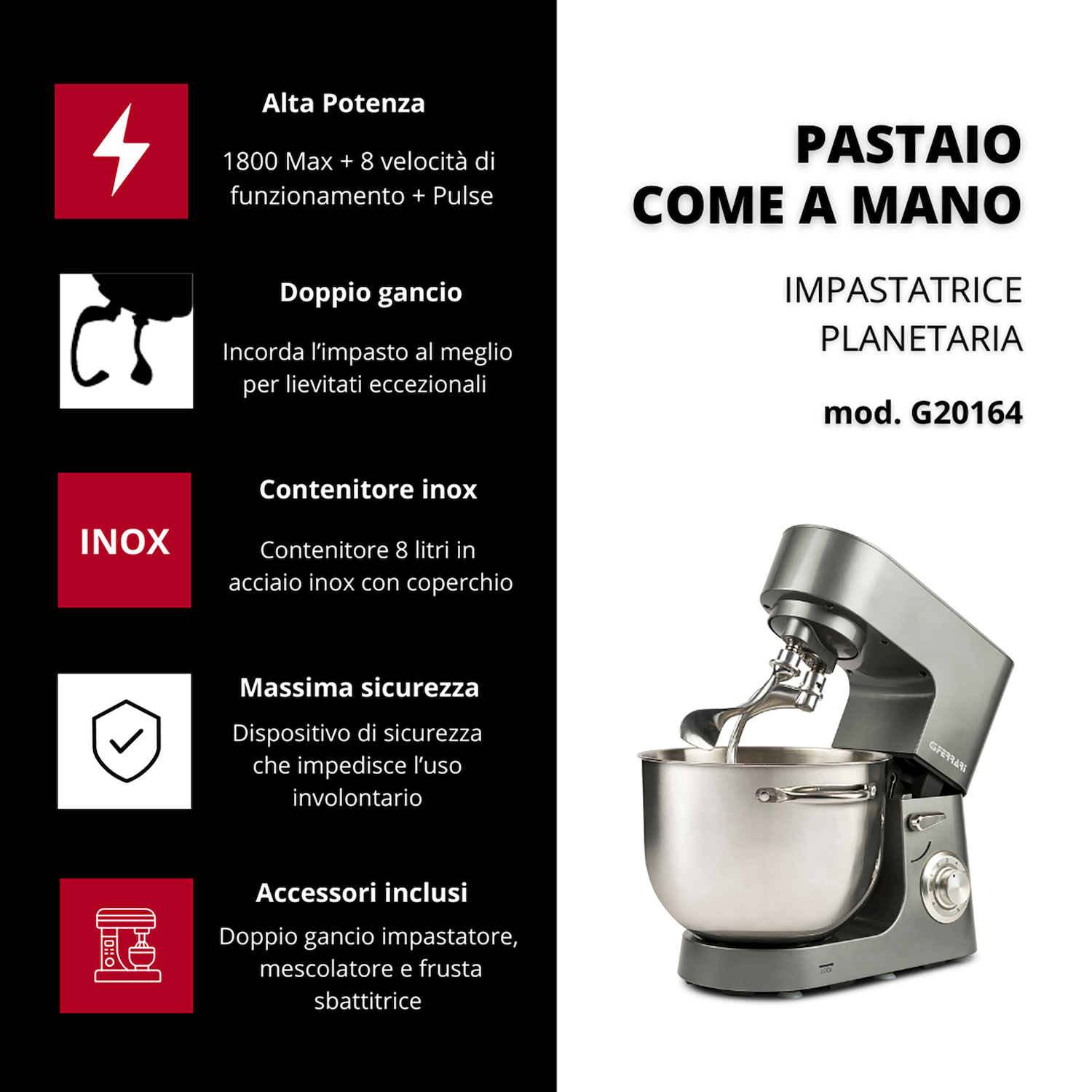 Impastatrice planetaria grigia con ciotola e gancio. A sinistra: potenza, gancio, contenitore, sicurezza.