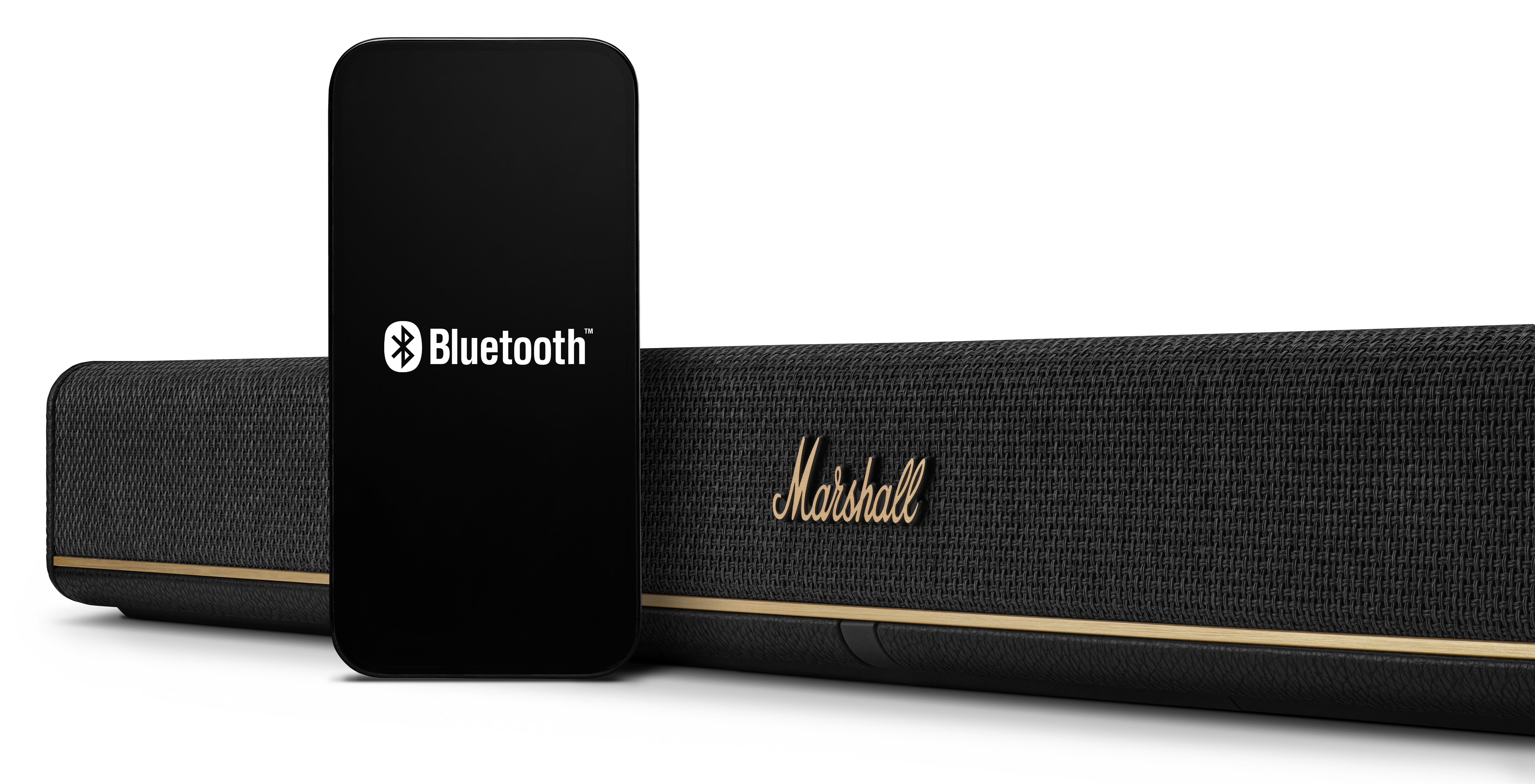 Czarny głośnik Marshall z symbolem Bluetooth na smartfonie.