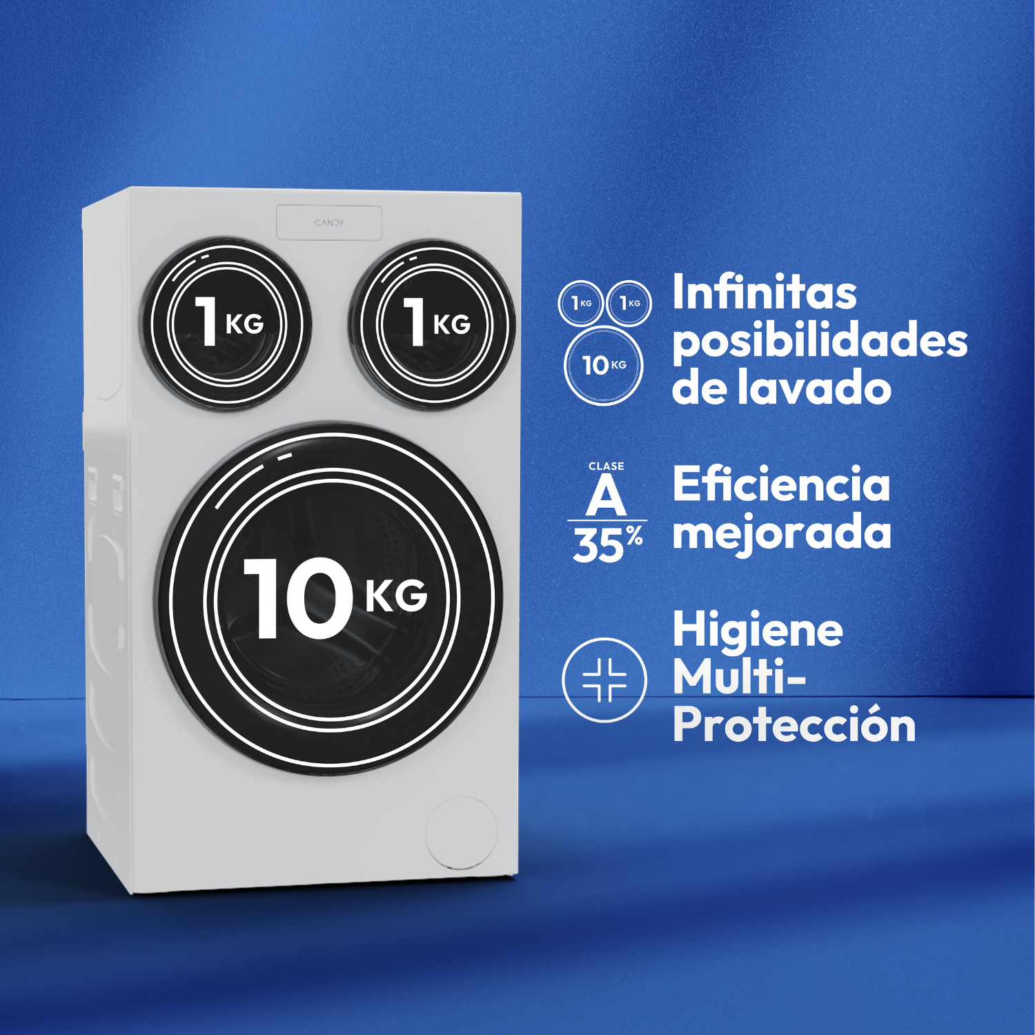 Lavadora Candy 3 tambores 10 kg: infinitas posibilidades de lavado, clase A eficiencia mejorada 35% e higiene multi-protección