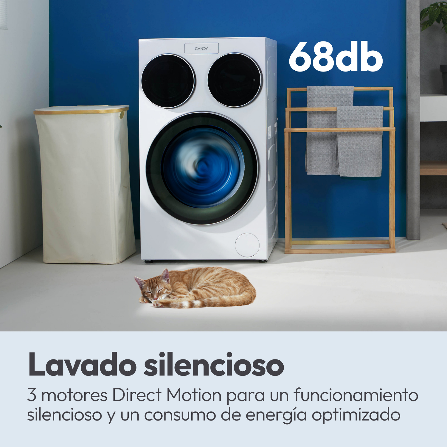 Lavado silencioso a 68 dB: 3 motores Direct Motion para funcionamiento silencioso y consumo de energía optimizado