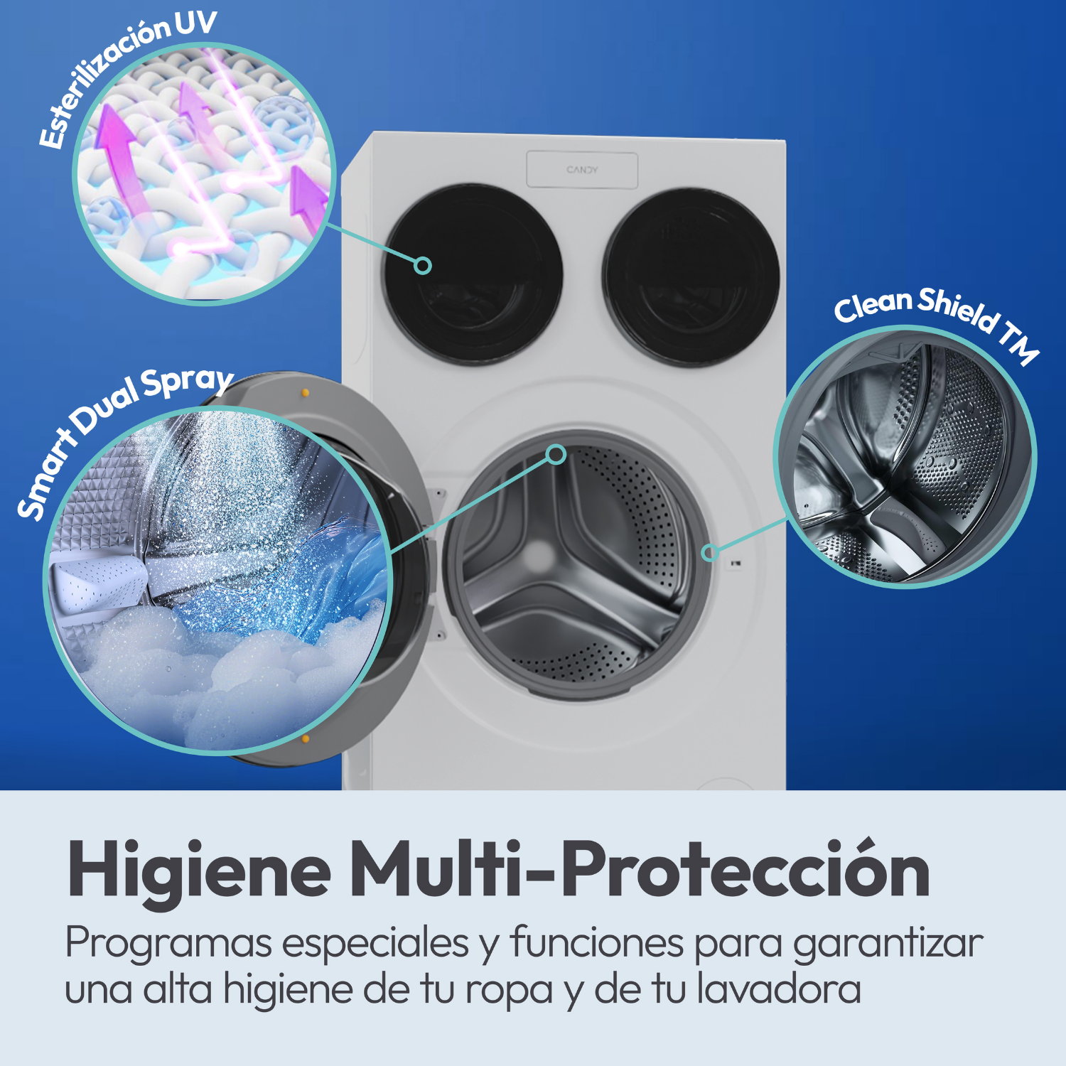 Higiene Multi-Protección: esterilización UV, Smart Dual Spray y Clean Shield TM para alta higiene de tu ropa y lavadora