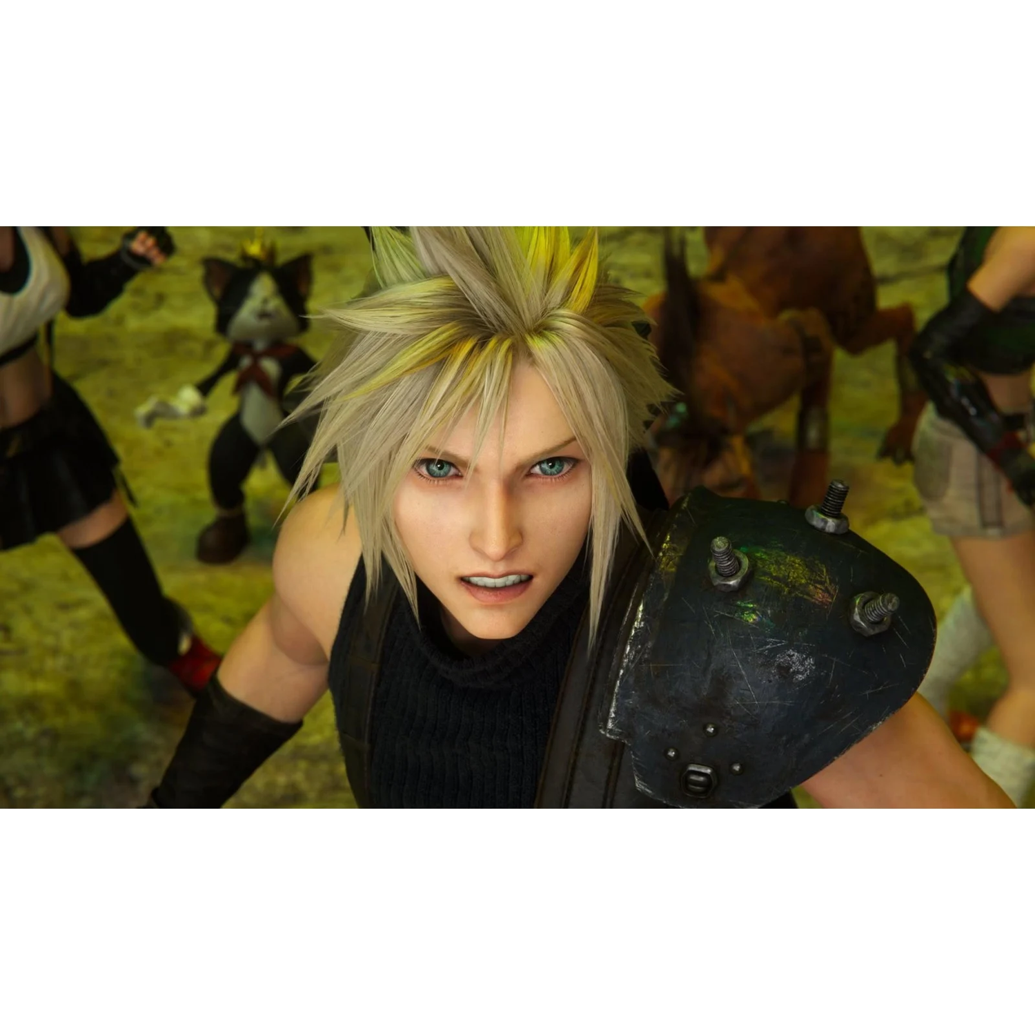 Cloud looks forward, with characters in the background.