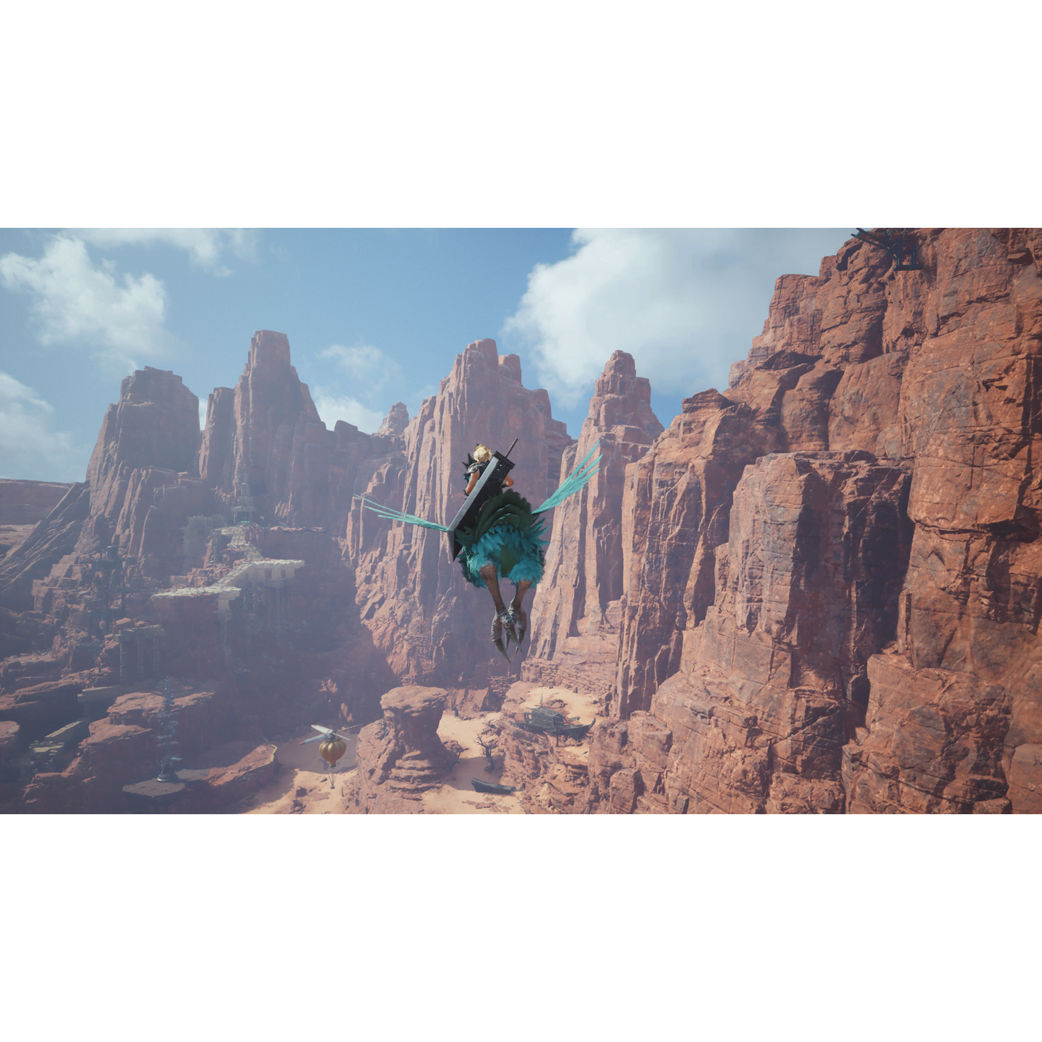 A bird creature flies through a canyon of red rocks and a futuristic city.