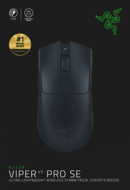 Schwarze Razer Viper V3 Pro SE Gaming-Maus mit Logo und Text.