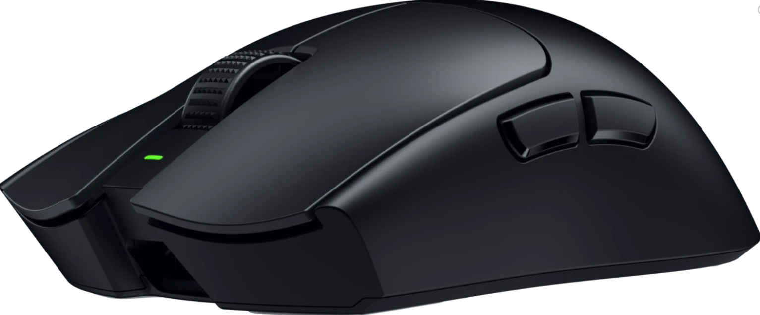 Schwarze Gaming-Maus mit scrollrad und zwei Tasten, grüner LED-Anzeige.