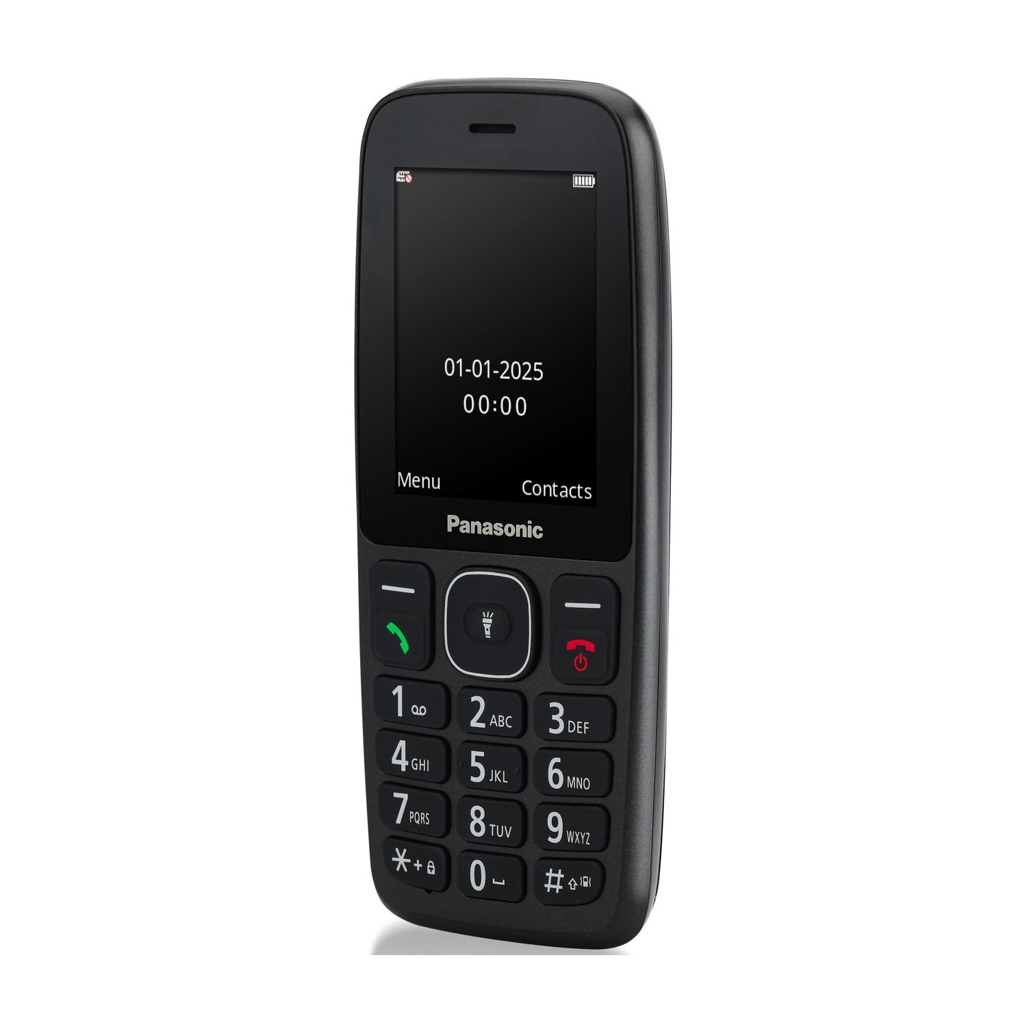 Un telefono cellulare Panasonic nero mostra la data 01-01-2025 e l'ora 00:00.