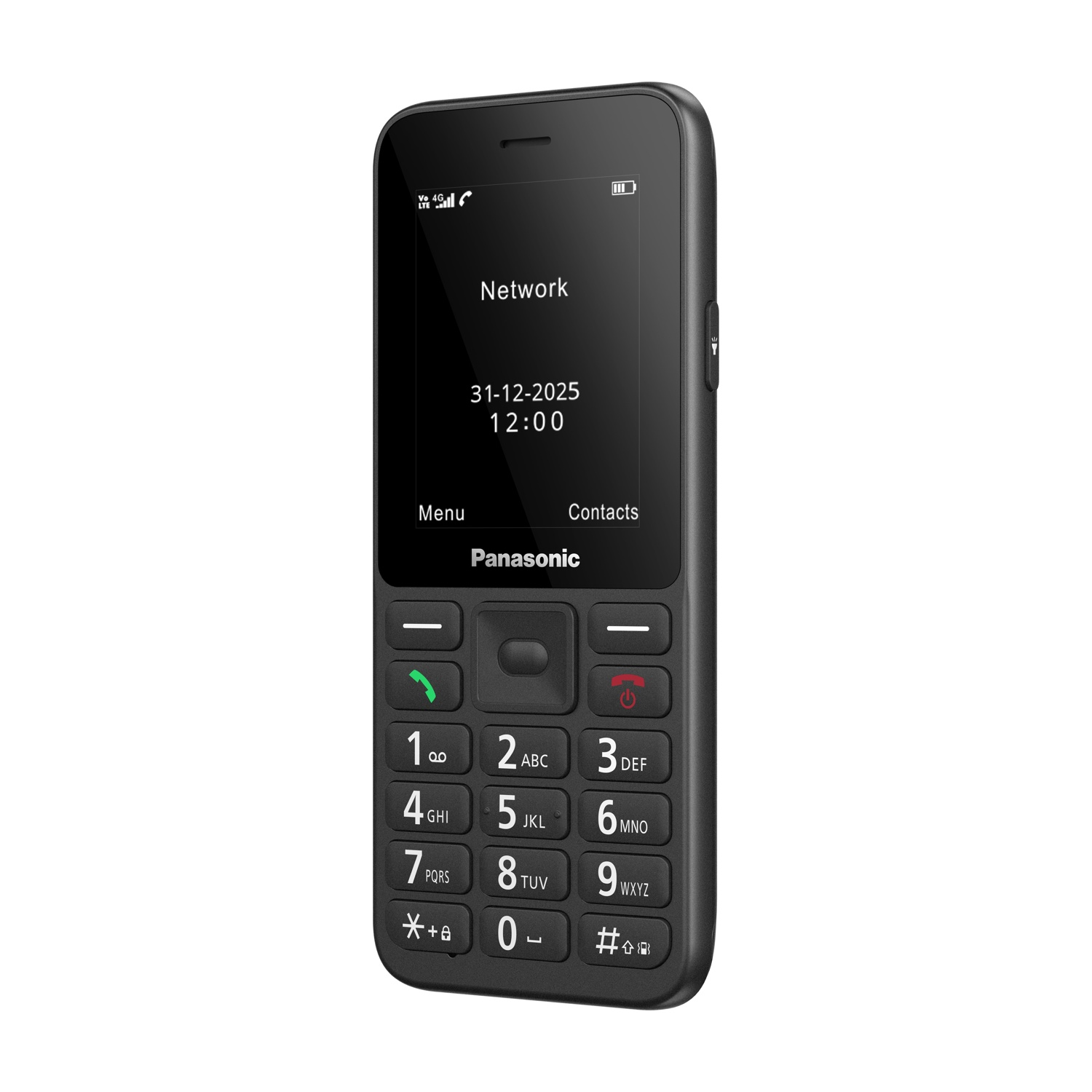 Telefono cellulare Panasonic nero con tastierino numerico e schermo che mostra data e ora.