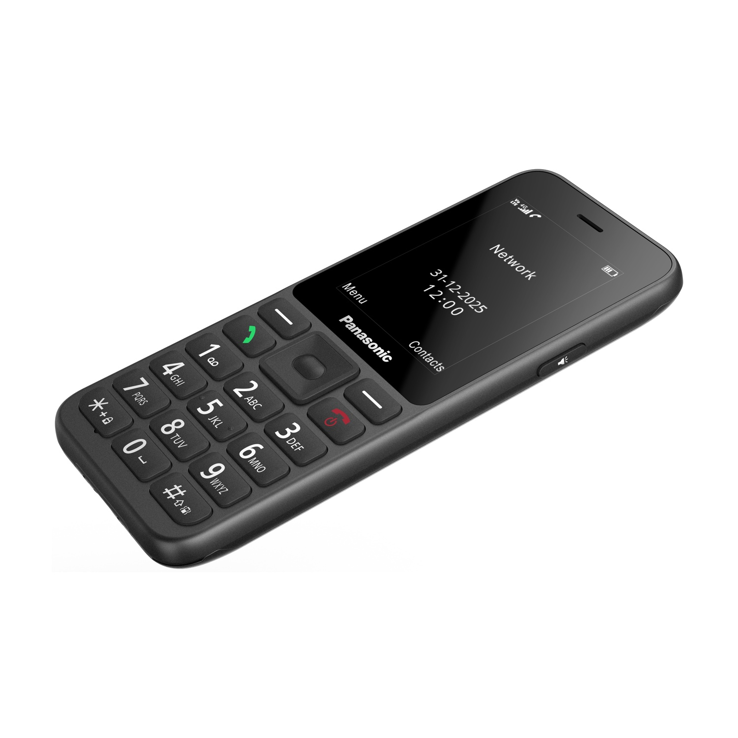 Un telefono cellulare Panasonic nero con schermo che mostra data e ora.
