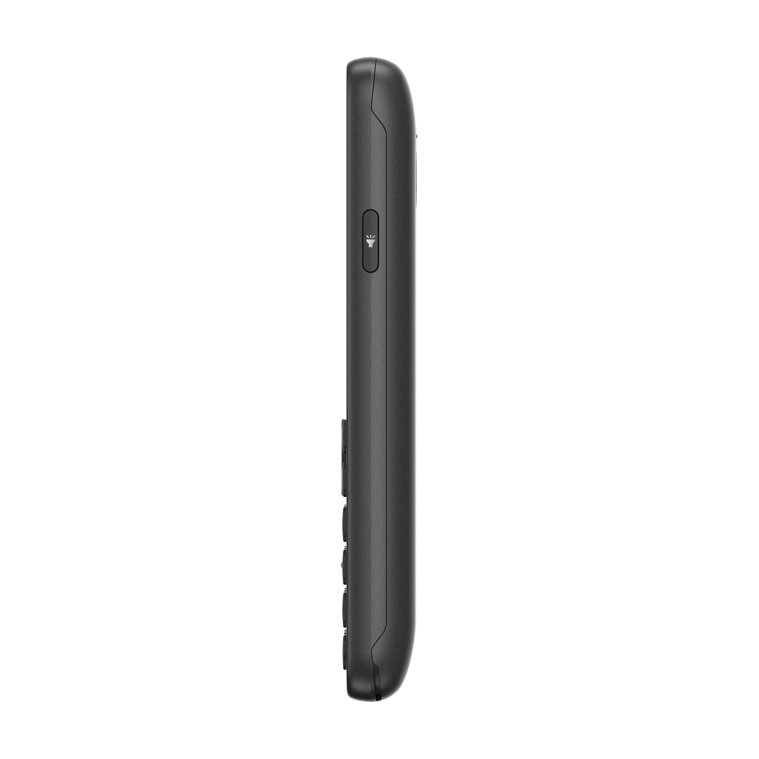 Telefono cellulare nero di profilo con pulsanti e icona di una lampadina.