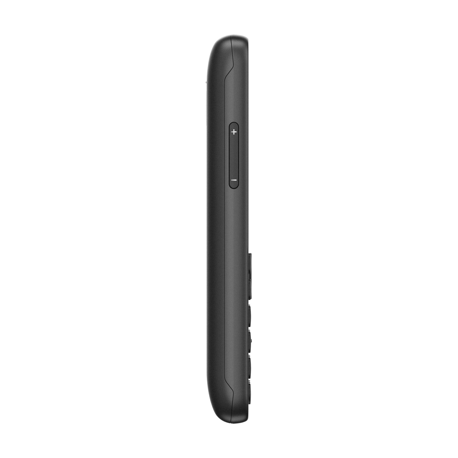 Telefono cellulare nero di lato con pulsanti del volume e un segno più.