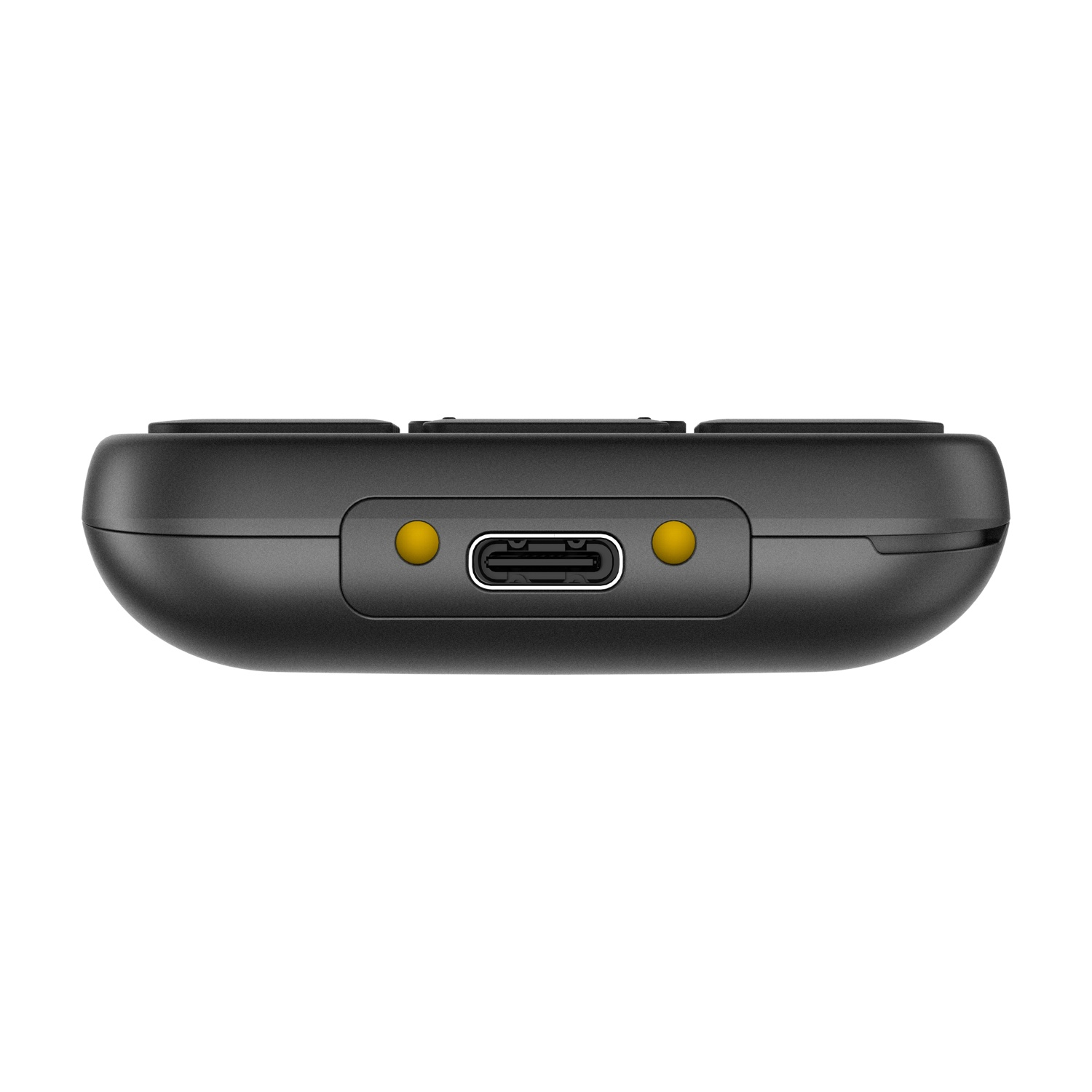 Primo piano di un dispositivo nero con porta USB-C e due punti gialli.