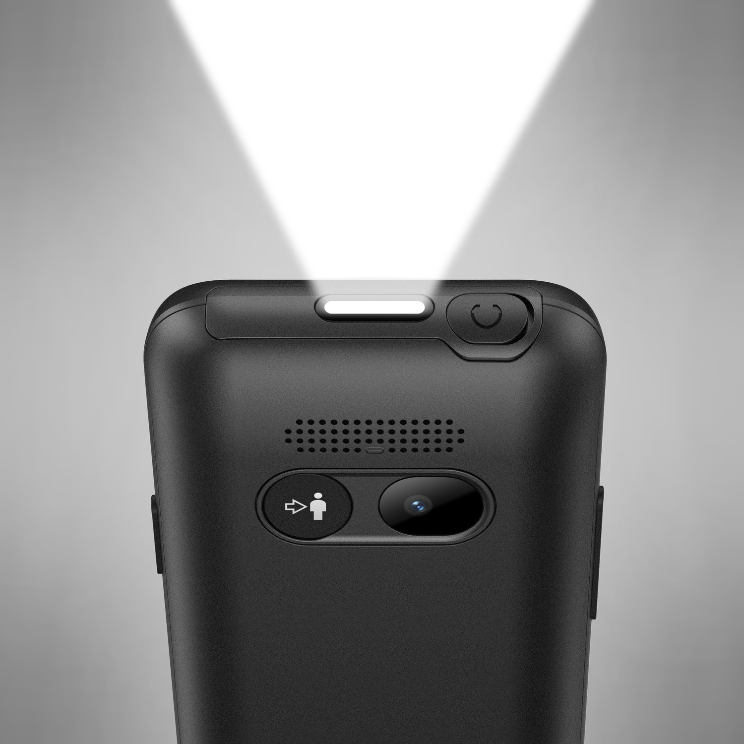Vista posteriore di un telefono nero con torcia accesa, fotocamera e altoparlante.