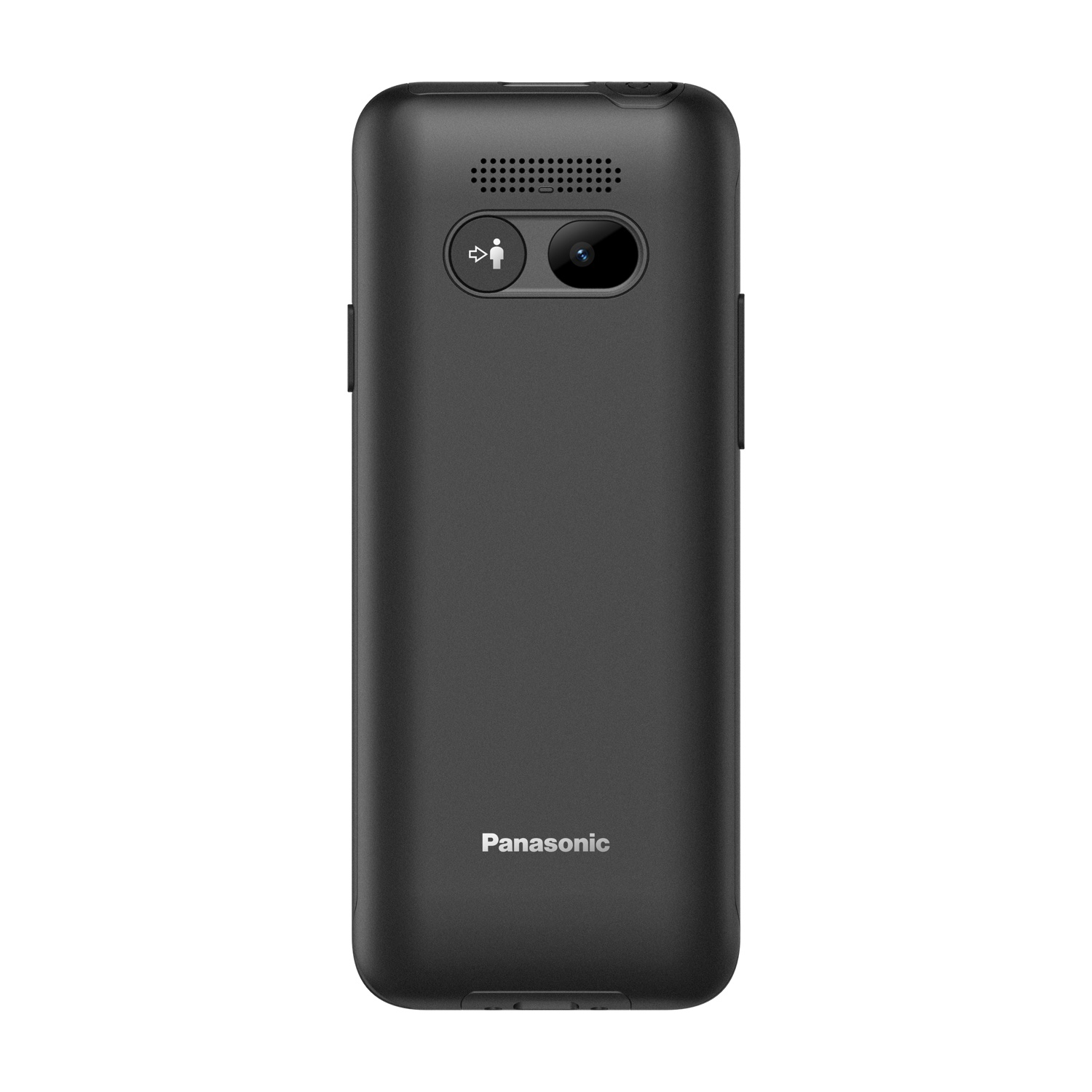 Retro di un telefono Panasonic nero con fotocamera e altoparlante.