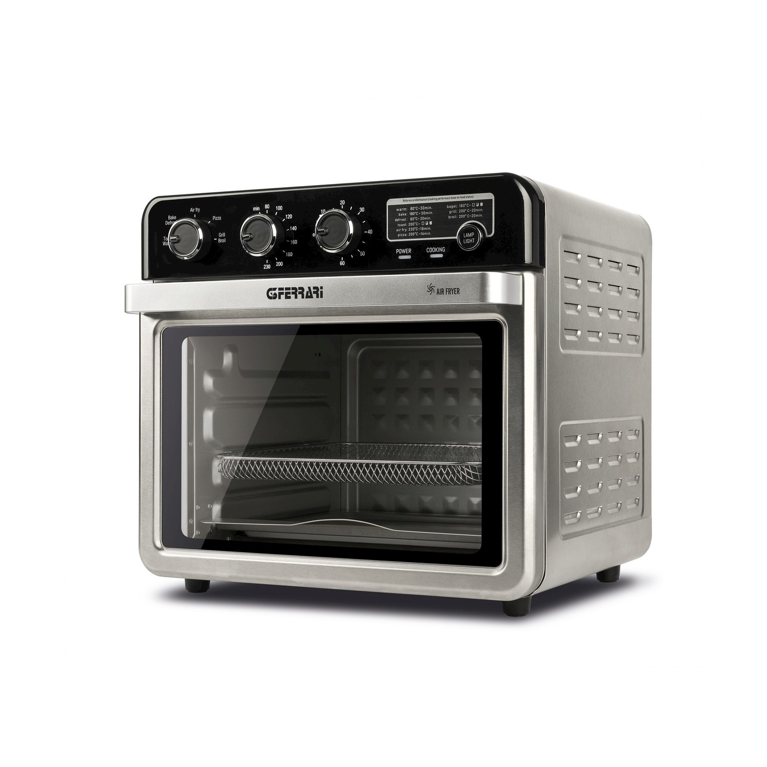Forno da banco argentato con porta in vetro e pannello di controllo.