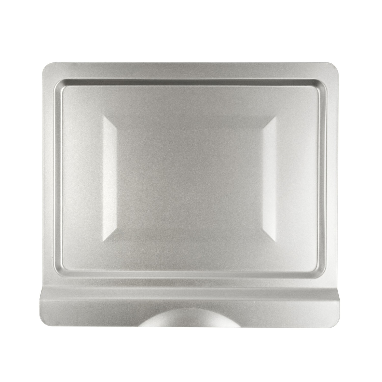 Un vassoio metallico rettangolare grigio con bordo rialzato e centro incassato.