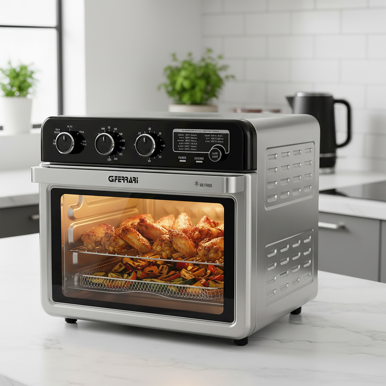 Un forno friggitrice ad aria argentato con ali di pollo e verdure sulle griglie.