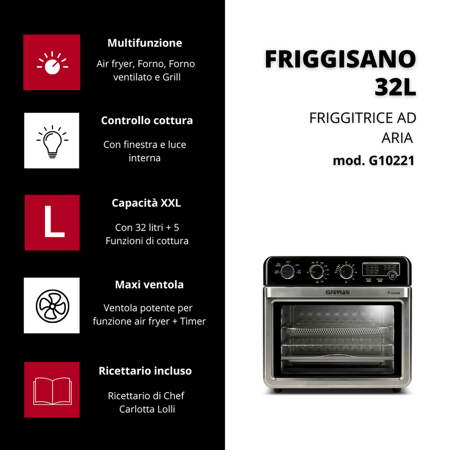Forno friggitrice ad aria multifunzione 32L con finestra e timer.