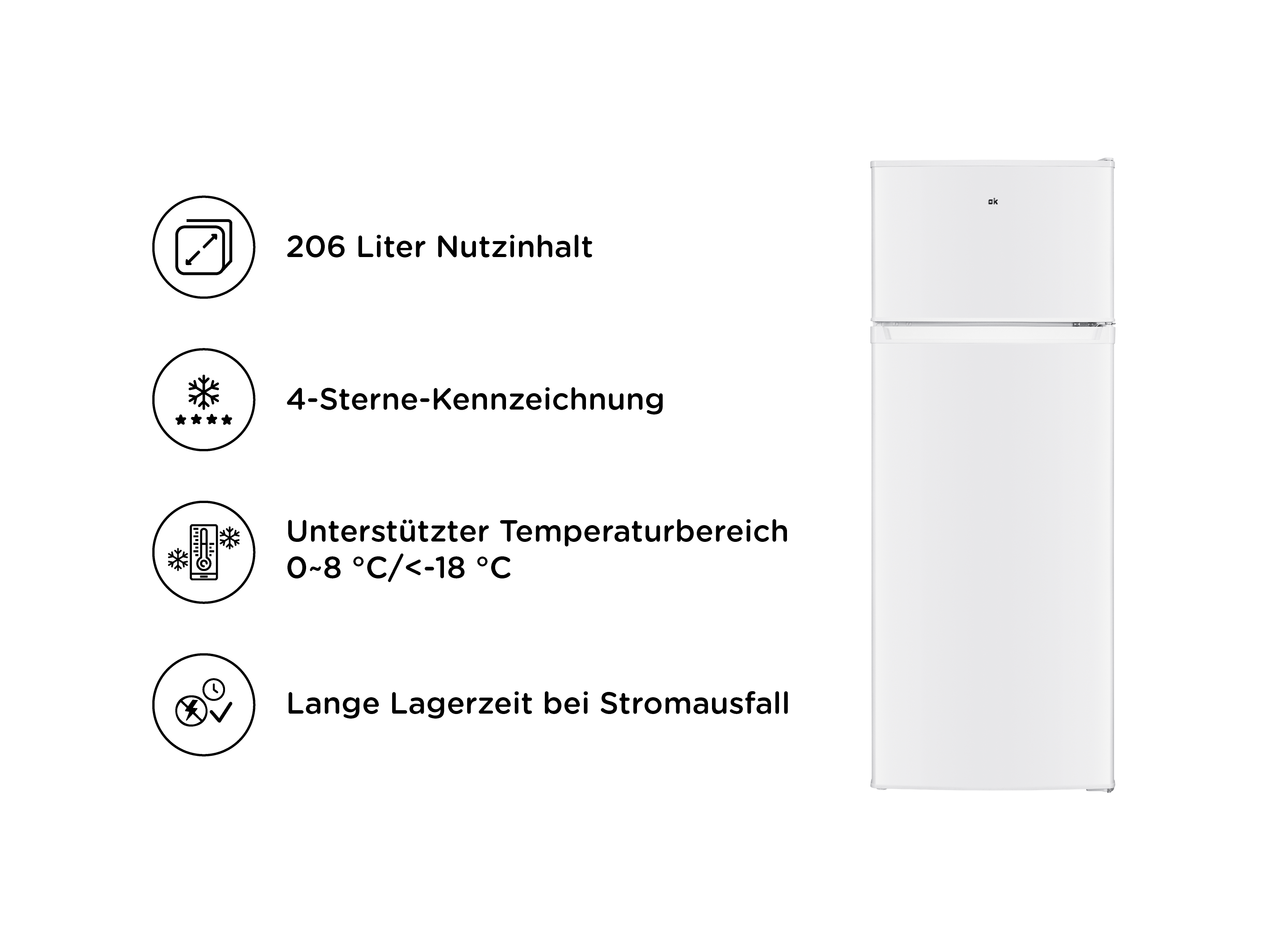 Ein weißer Kühlschrank mit 206L Nutzinhalt, 4-Sterne-Kennzeichnung.