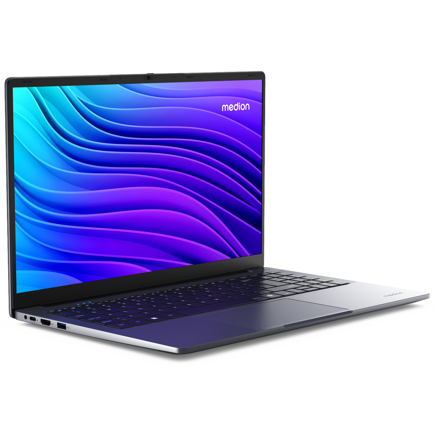 A silver Medion laptop with a colorful wavy screen display against a black background.