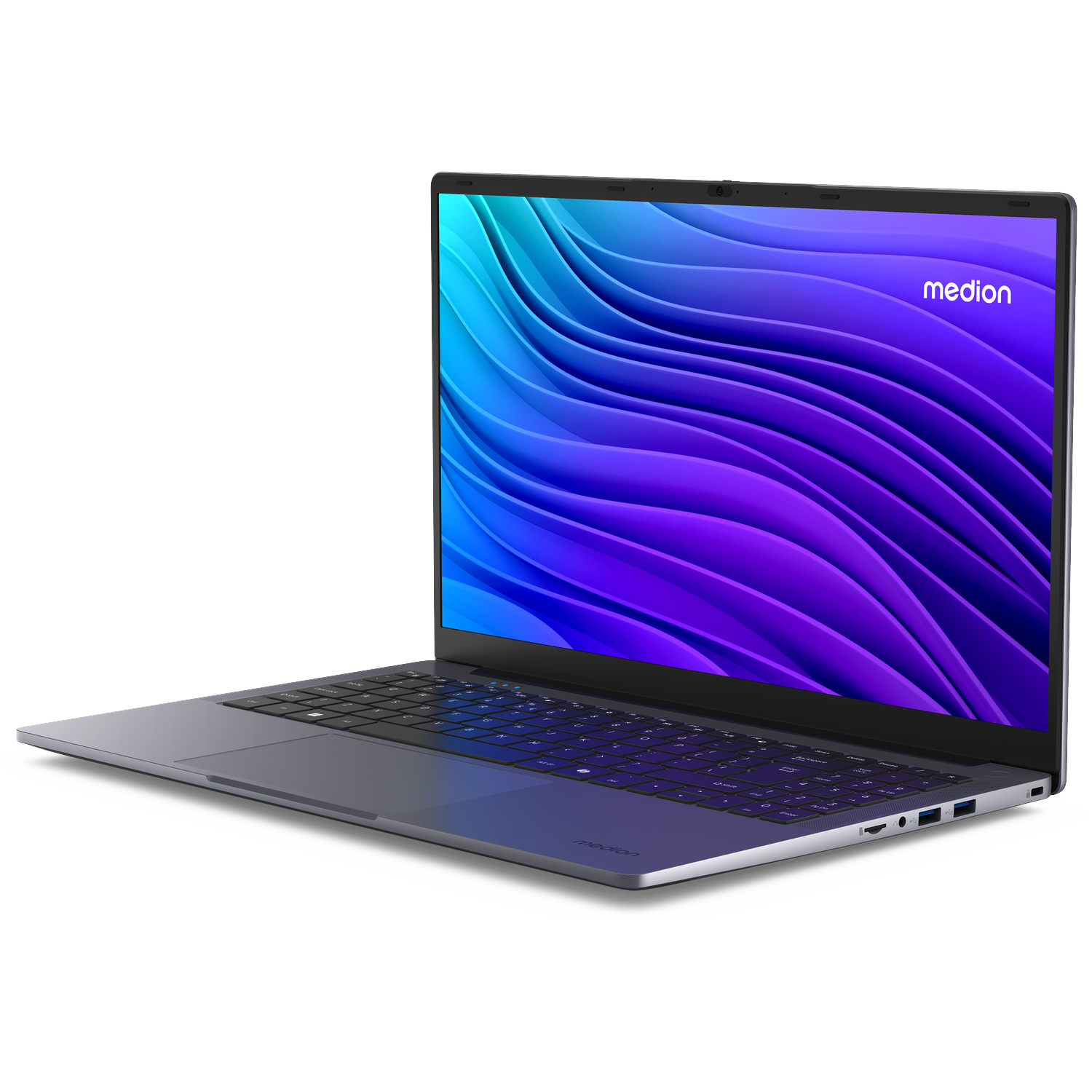 A sleek grey laptop with the Medion logo and a colorful wavy background.