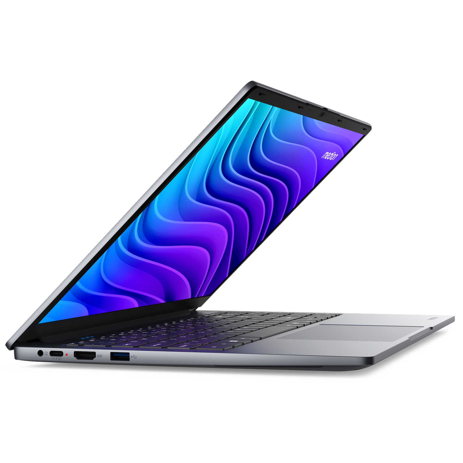 An open laptop displaying a colorful wavy pattern on its screen.
