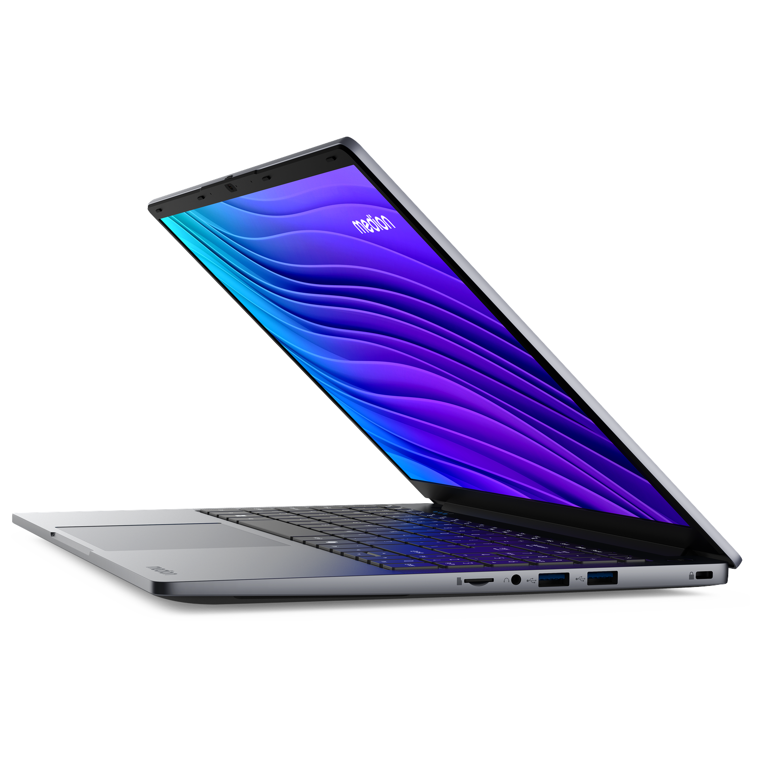 A silver laptop with its screen open, displaying a purple and blue wavy pattern.