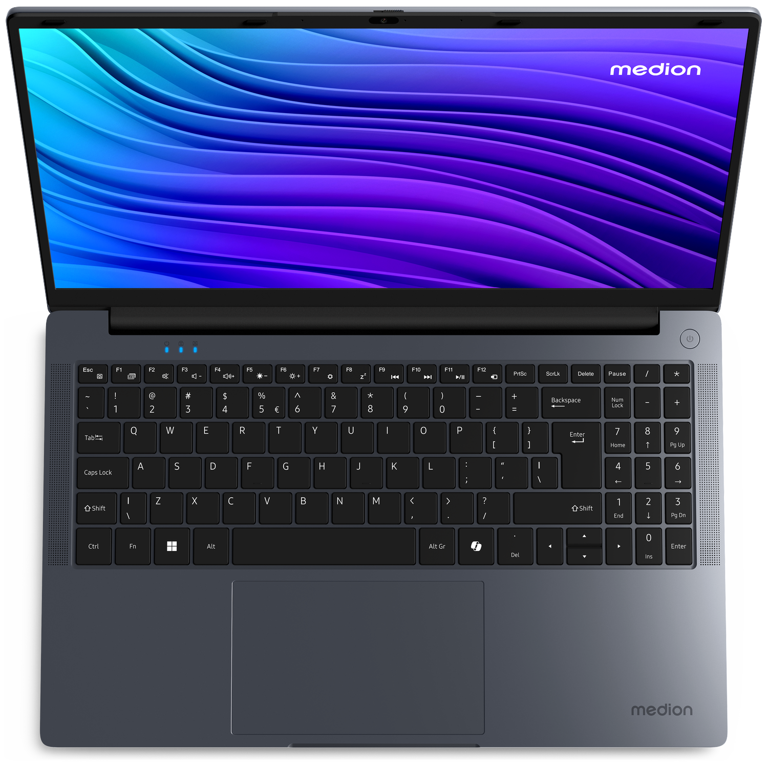 An open laptop with a blue and purple background on the screen.