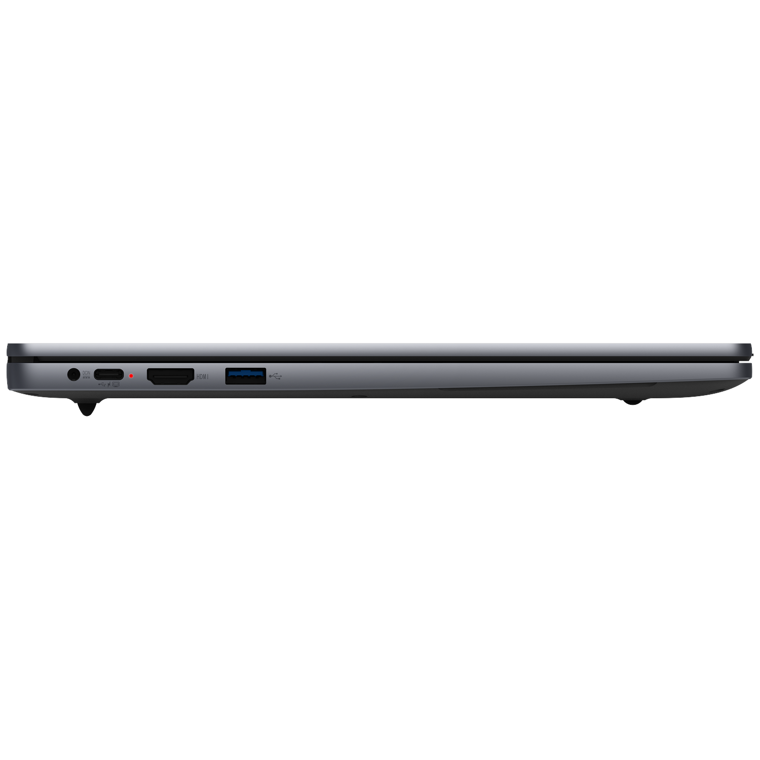 Side view of a slim gray laptop showing ports: DCIN, USB-C, HDMI, USB-A.