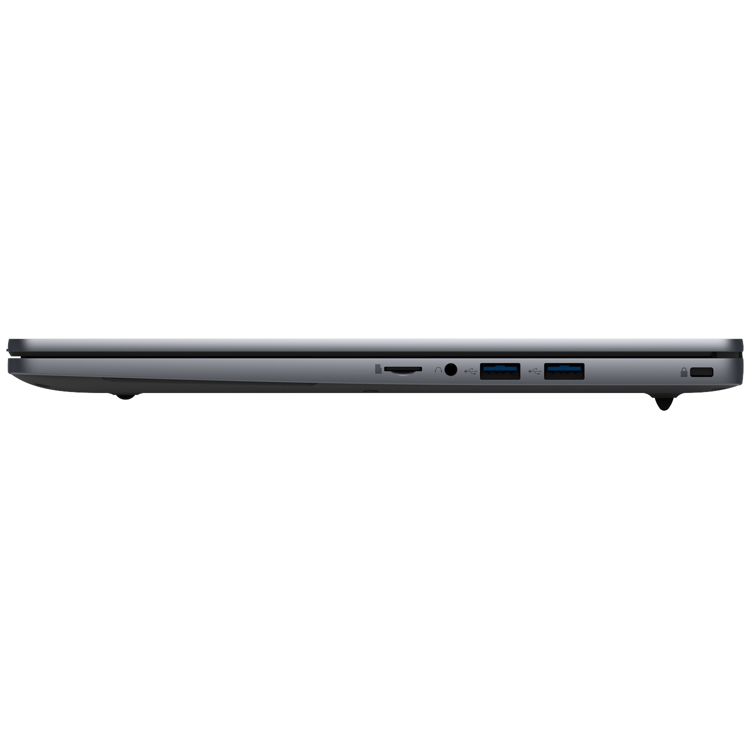 Gray laptop profile with SD card slot, headphone jack, two USB ports, and lock.