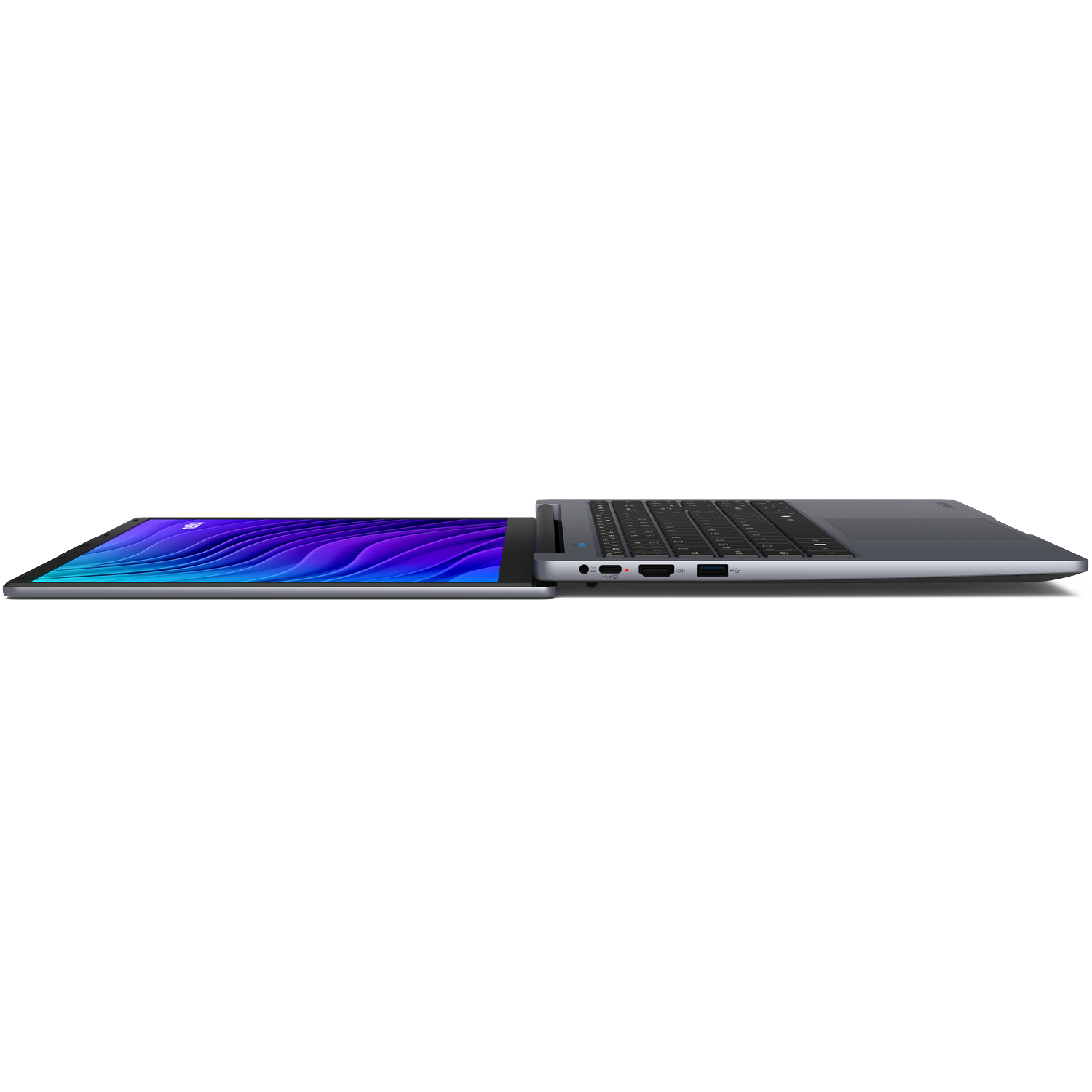 An open laptop showing a blue and purple background on its screen.