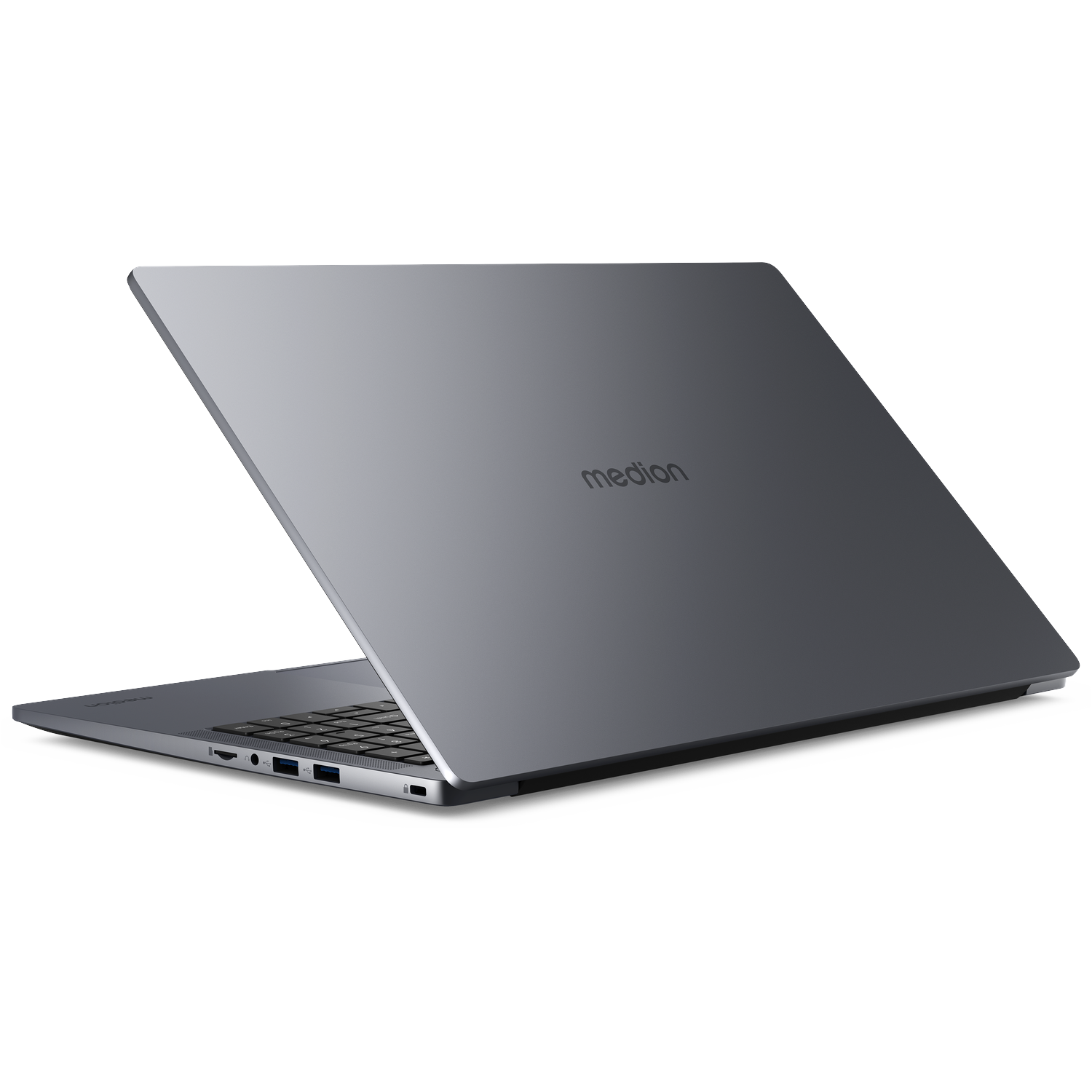 A closed gray Medion laptop, viewed from the keyboard and ports side.