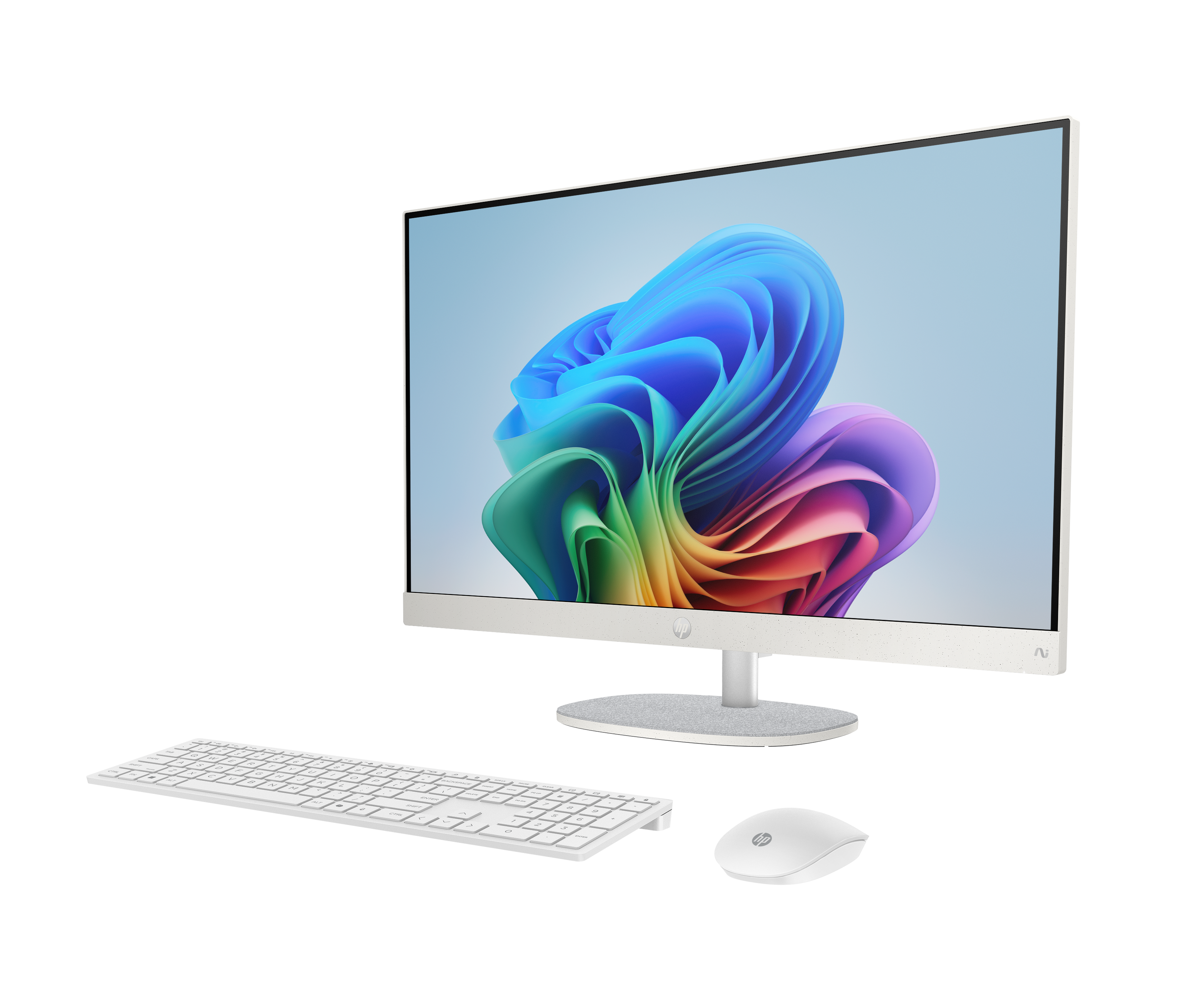 Biały komputer All-in-One z klawiaturą i myszką, wyświetlający abstrakcyjną grafikę.