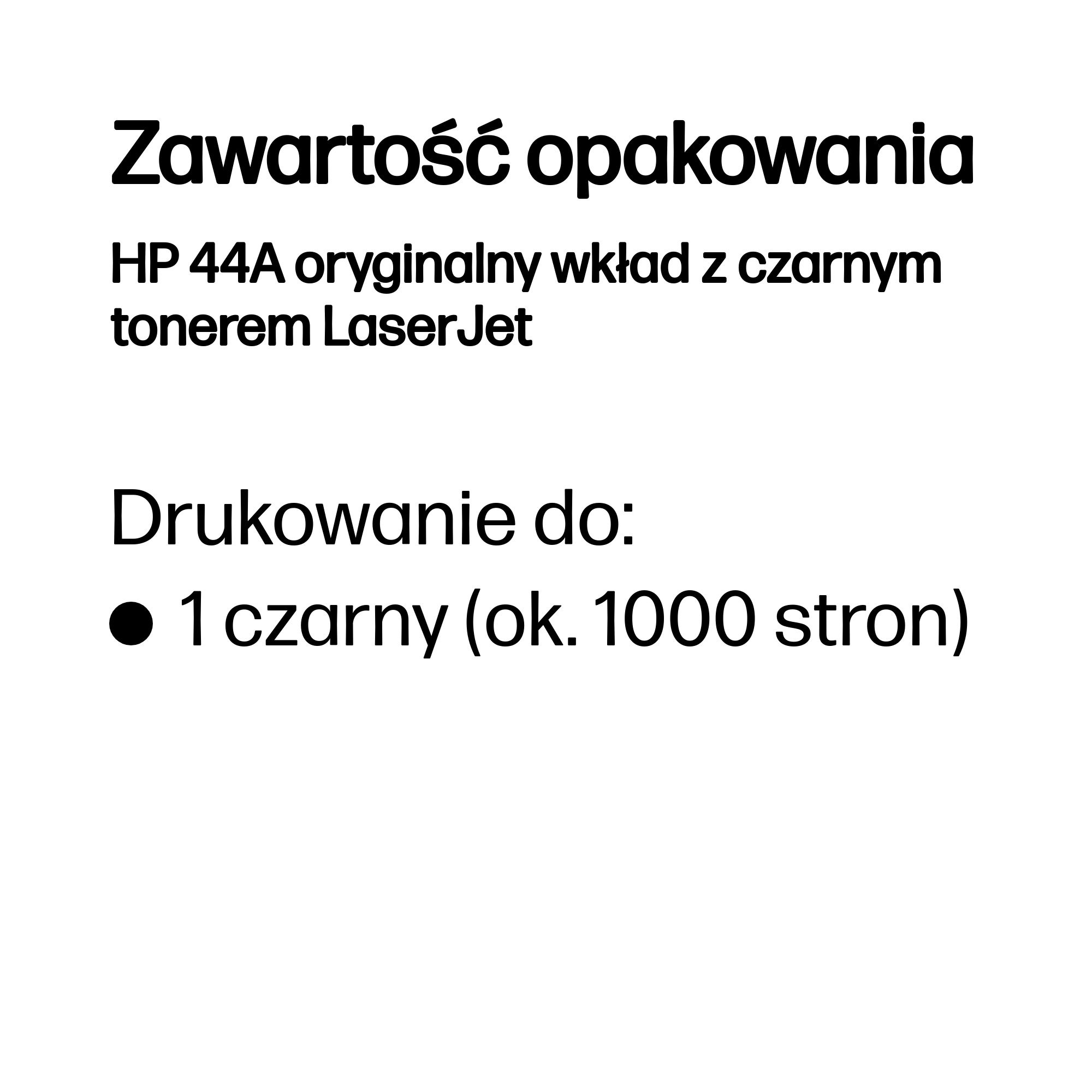 Zawartość opakowania: Oryginalny czarny toner HP 44A, 1000 stron.