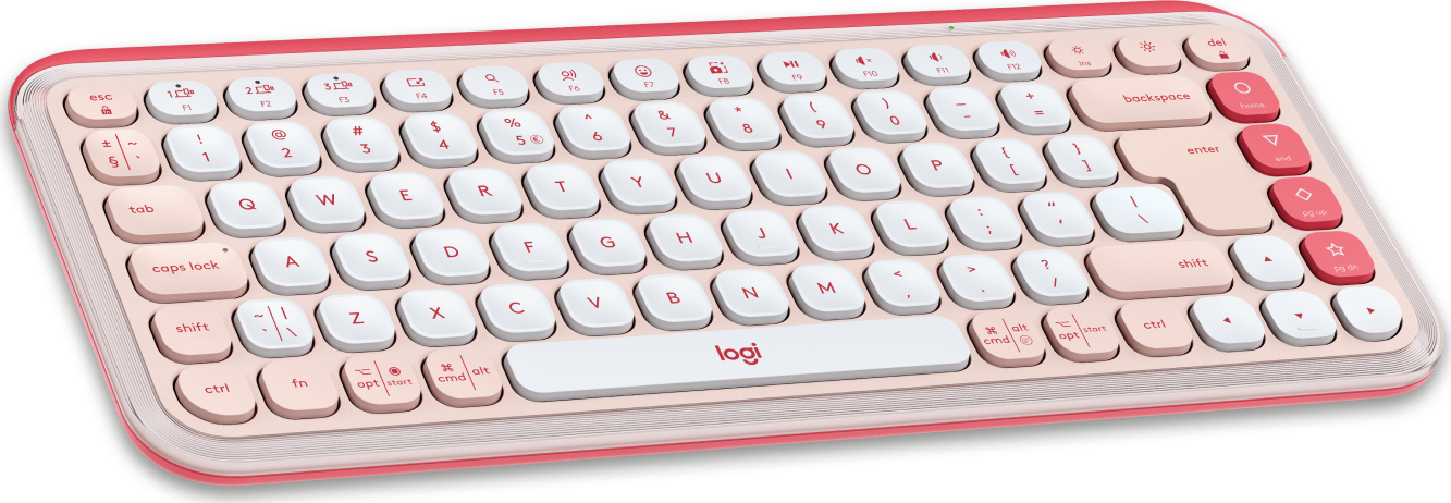 Różowa i biała klawiatura z logo Logi pośrodku.