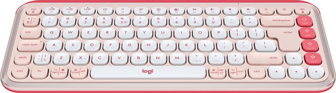 Różowa klawiatura z białymi klawiszami i czerwonymi napisami.