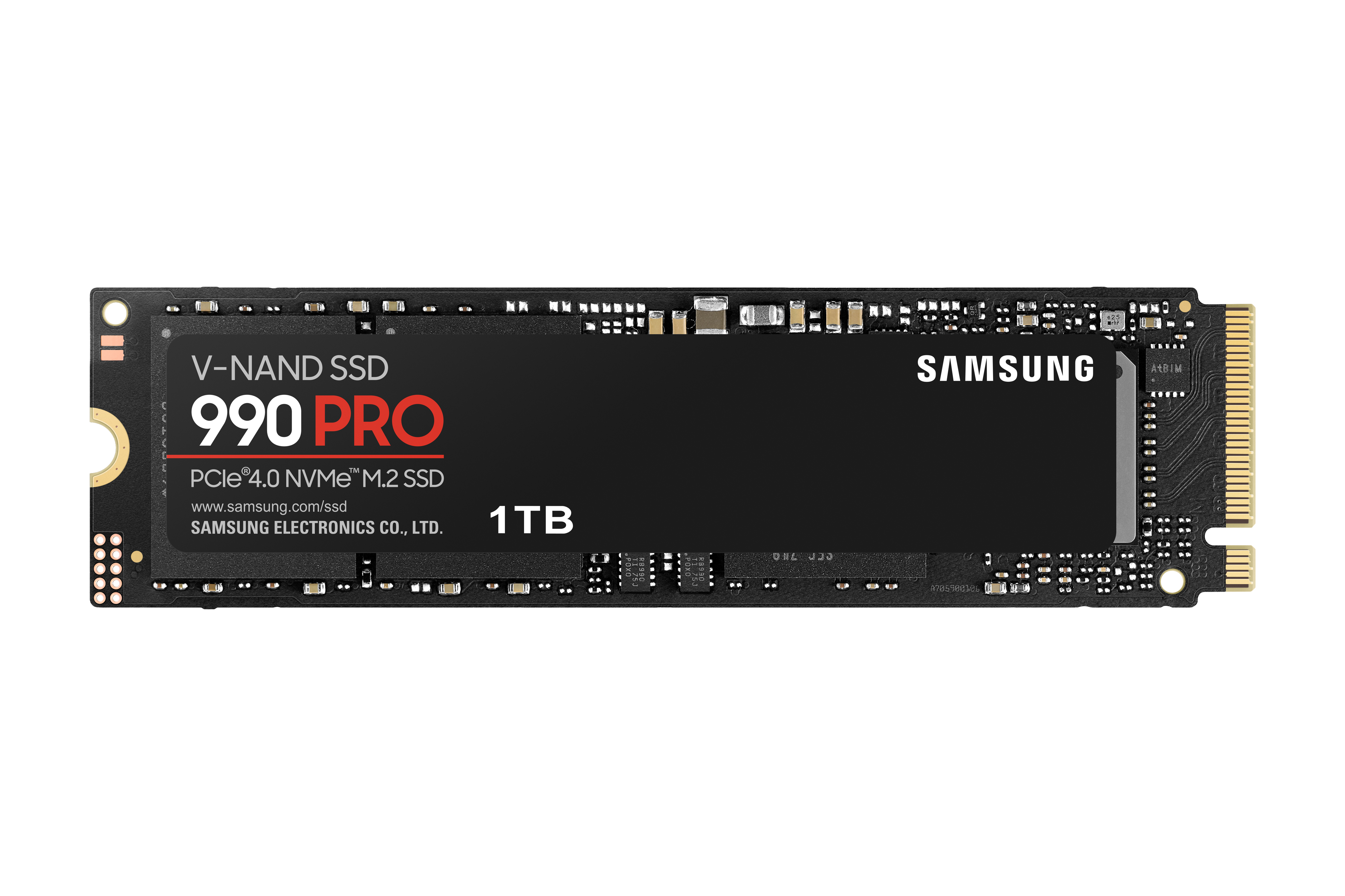 Czarny dysk SSD Samsung 990 Pro 1TB M.2 ze złotymi złączami.