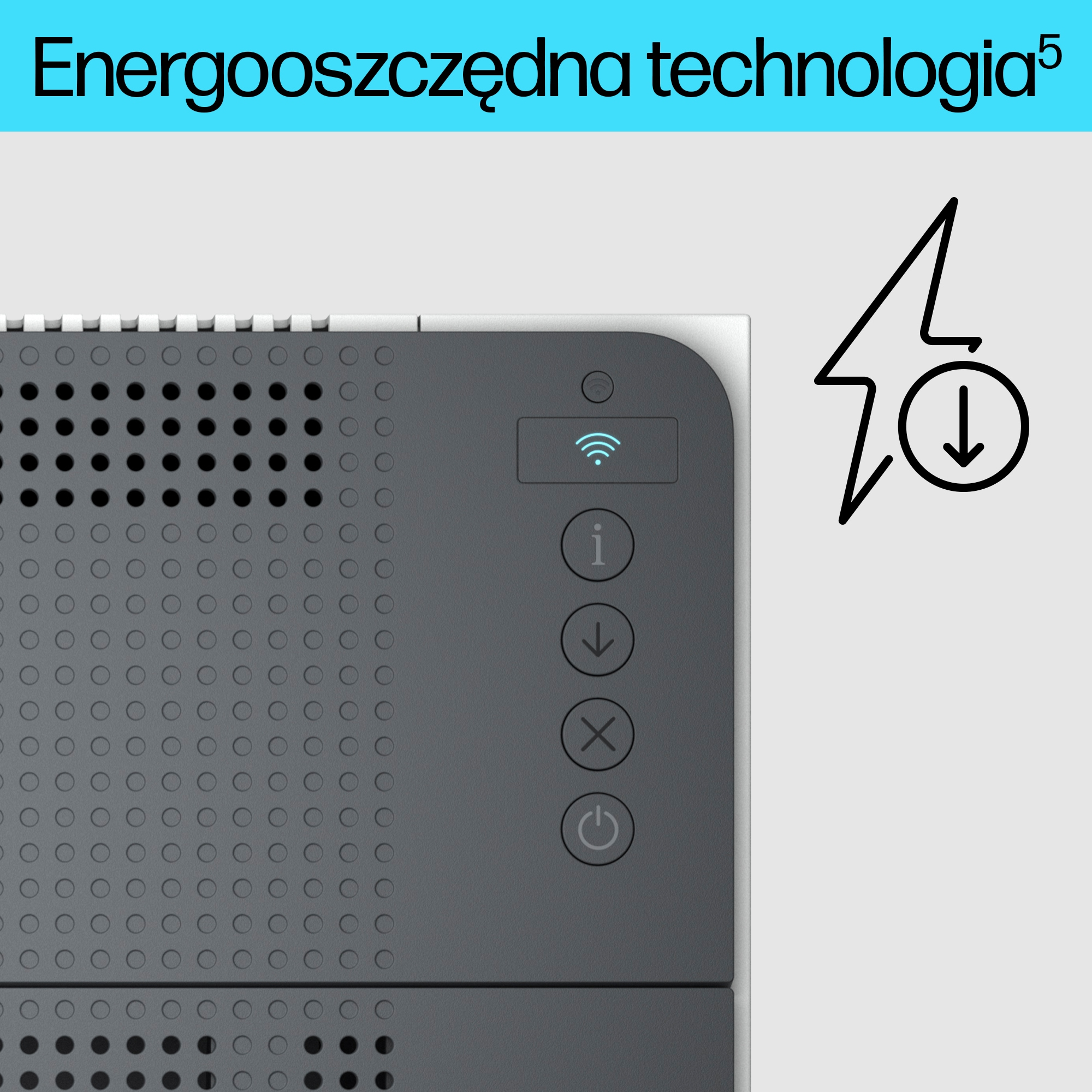 Szare urządzenie z przyciskami i ikoną Wi-Fi. Ikona oszczędzania energii.