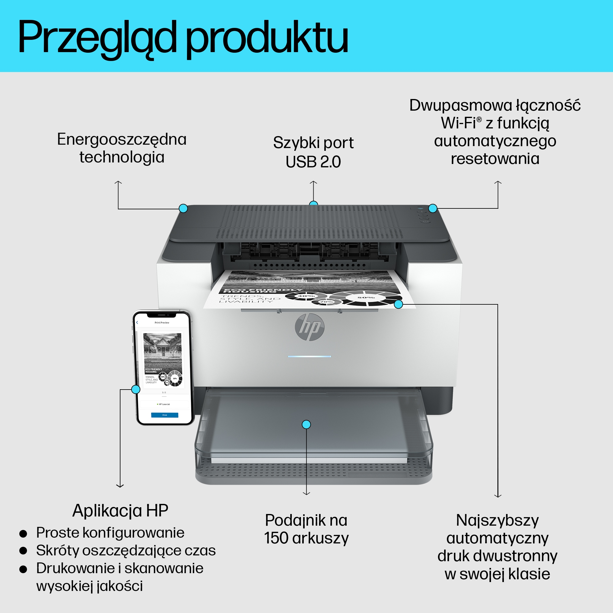 Drukarka HP z telefonem pokazującym aplikację HP. Energooszczędna, USB 2.0, Wi-Fi.