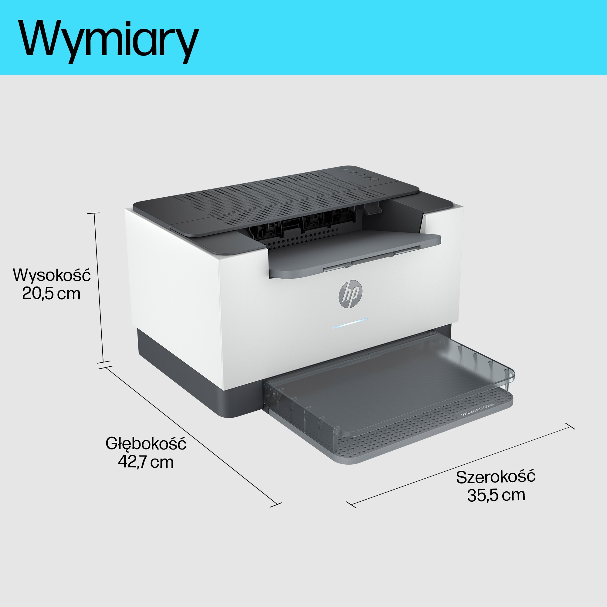 Biała i szara drukarka laserowa HP z wymiarami: Wysokość 20,5 cm, Głębokość 42,7 cm, Szerokość 35,5 cm.