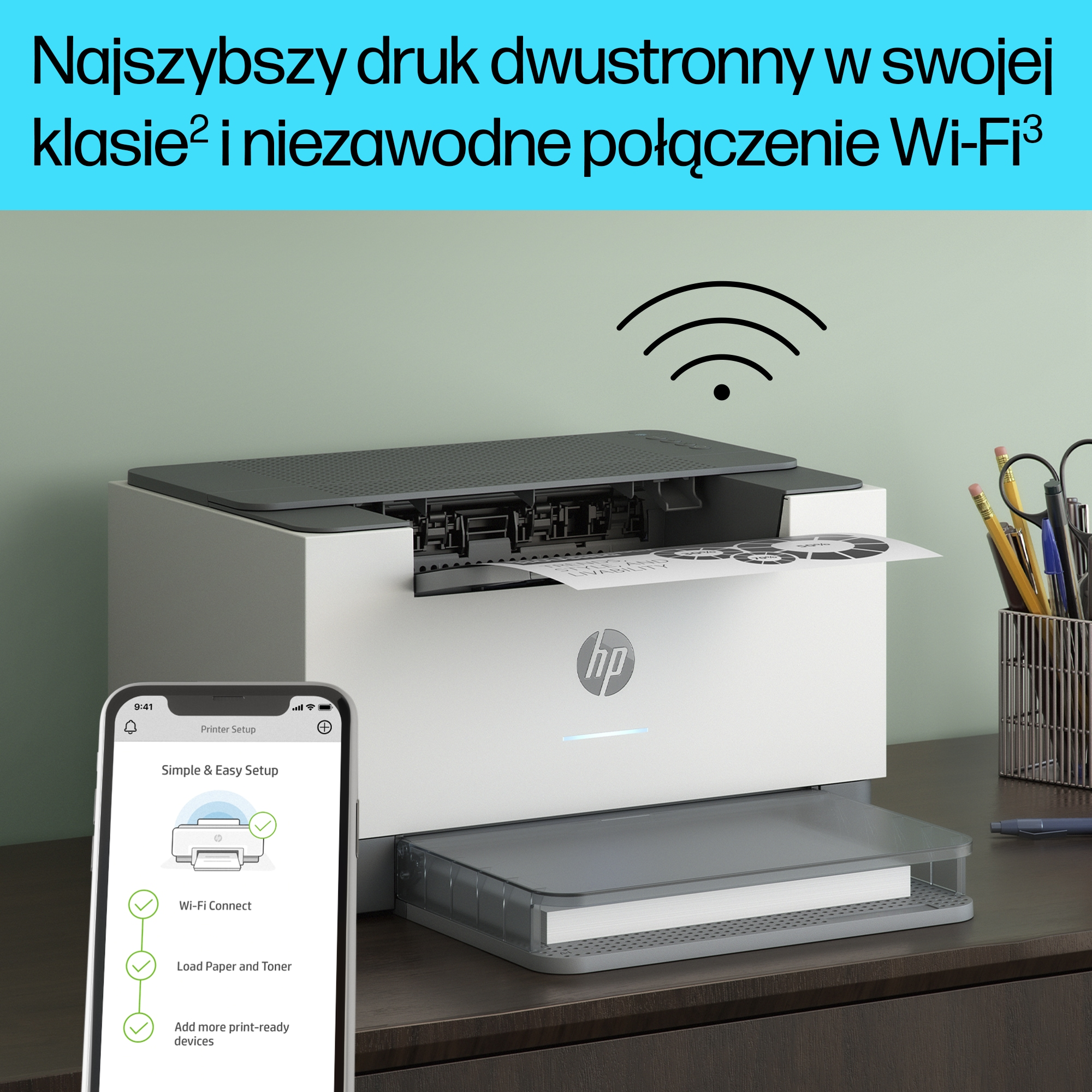 Drukarka HP ze smartfonem pokazującym kroki konfiguracji.