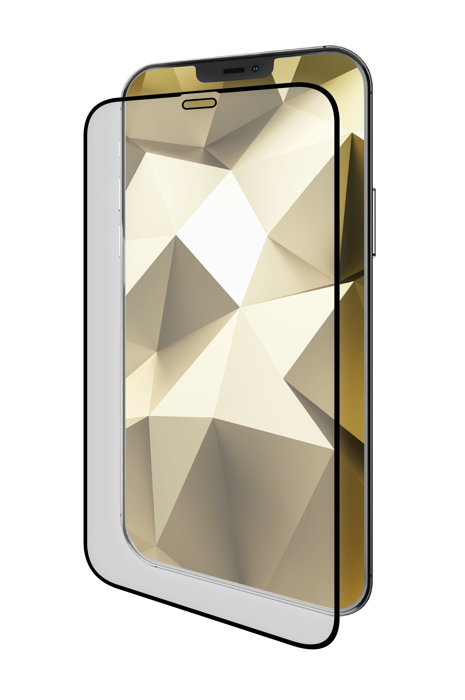 Smartfon ze złotym, fasetowanym tłem i przezroczystą folią ochronną ekranu.