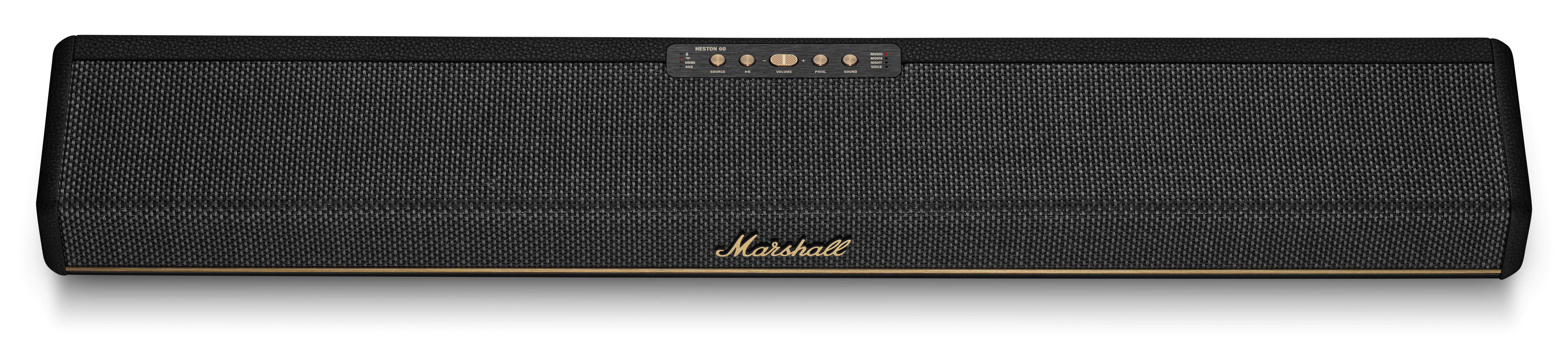 Czarny głośnik Marshall z elementami sterującymi na górze i złotym napisem.