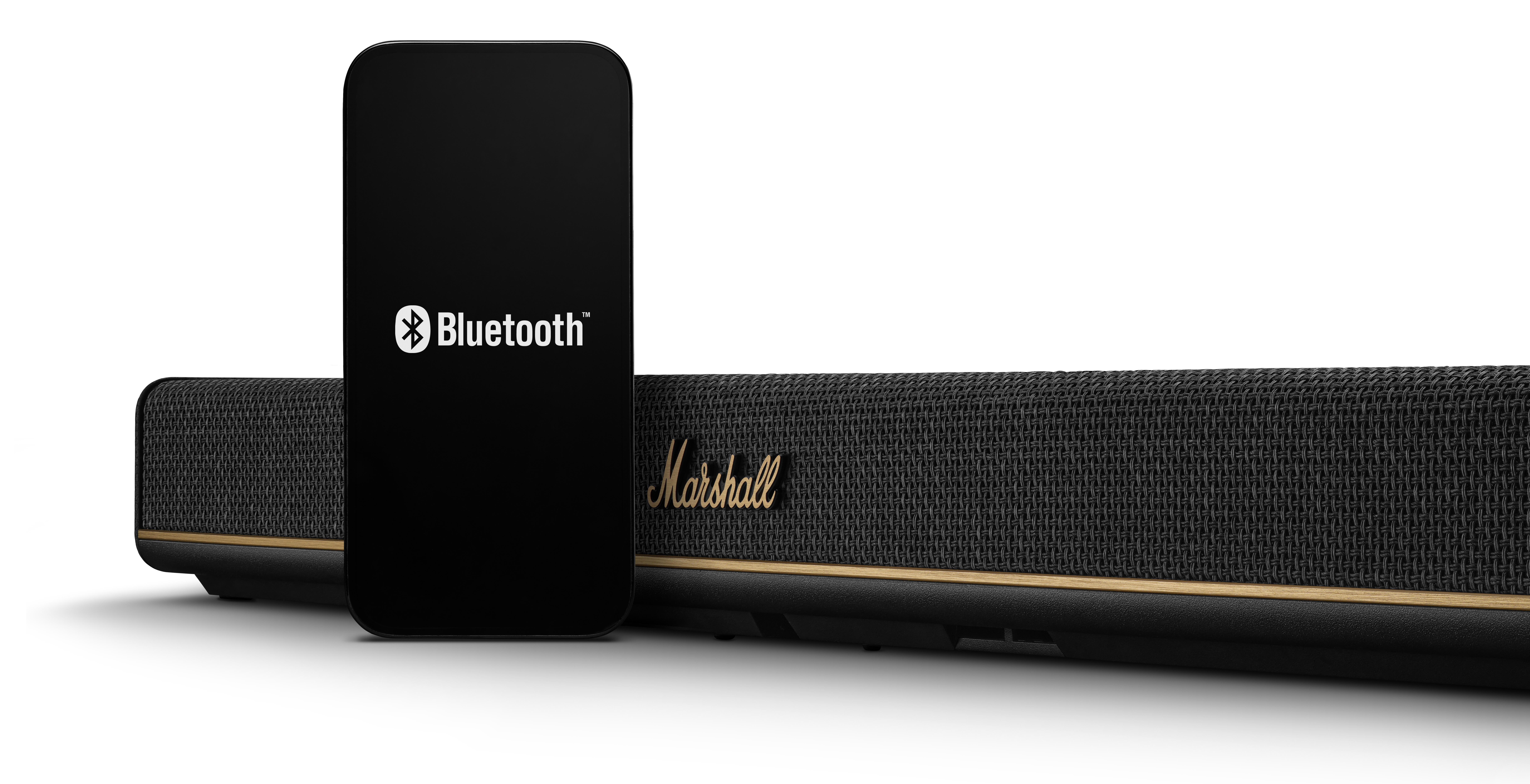 Czarny smartfon z logo Bluetooth obok głośnika Marshall.